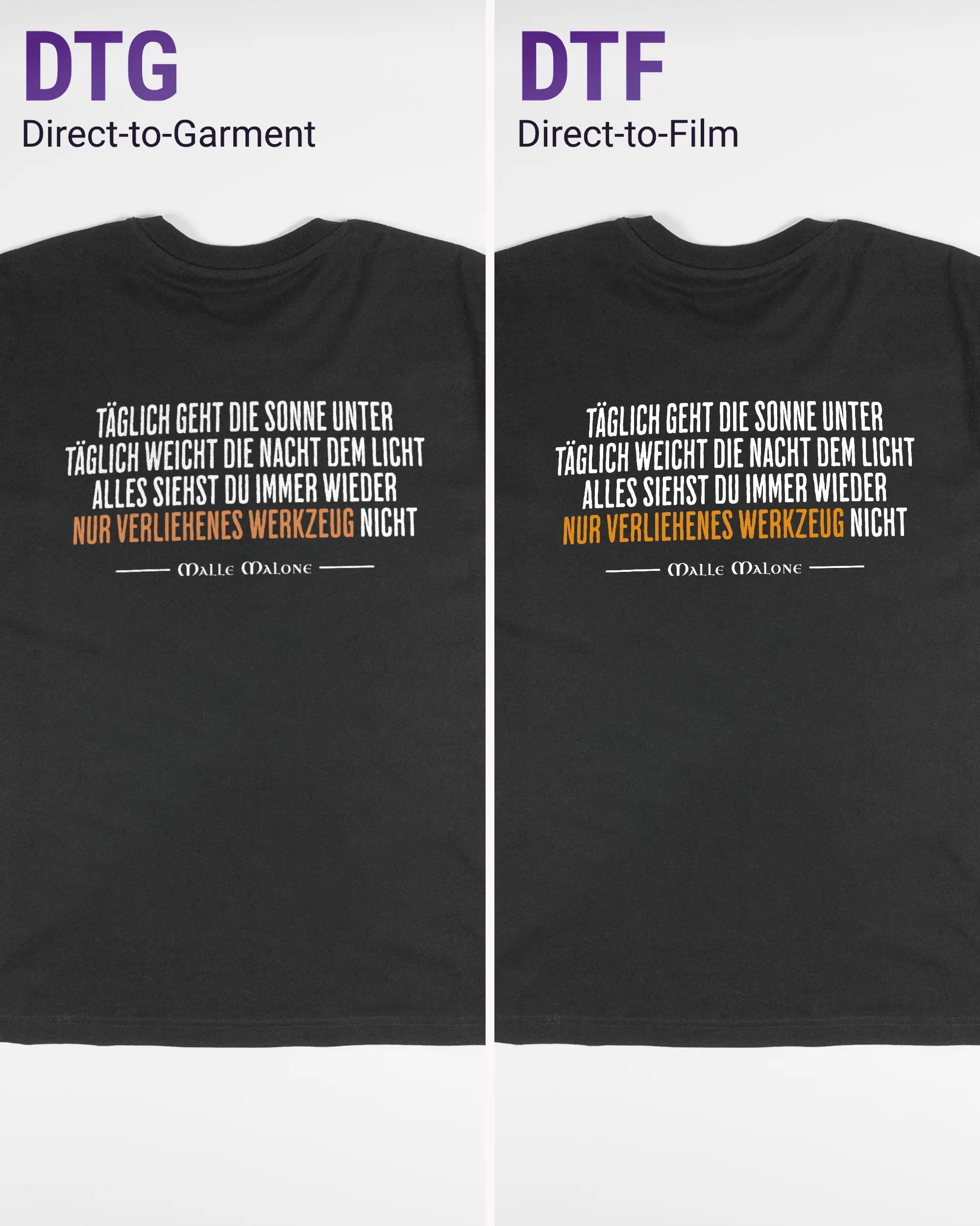 Vergleich der Rückseiten des Basic Unisex T-Shirt Oversized von Maondo mit dem Design Wegzeug in der Farbe Black und in der Größe S links mit dem Direct-to-Garment und rechts mit dem Direct-to-Film Verfahren