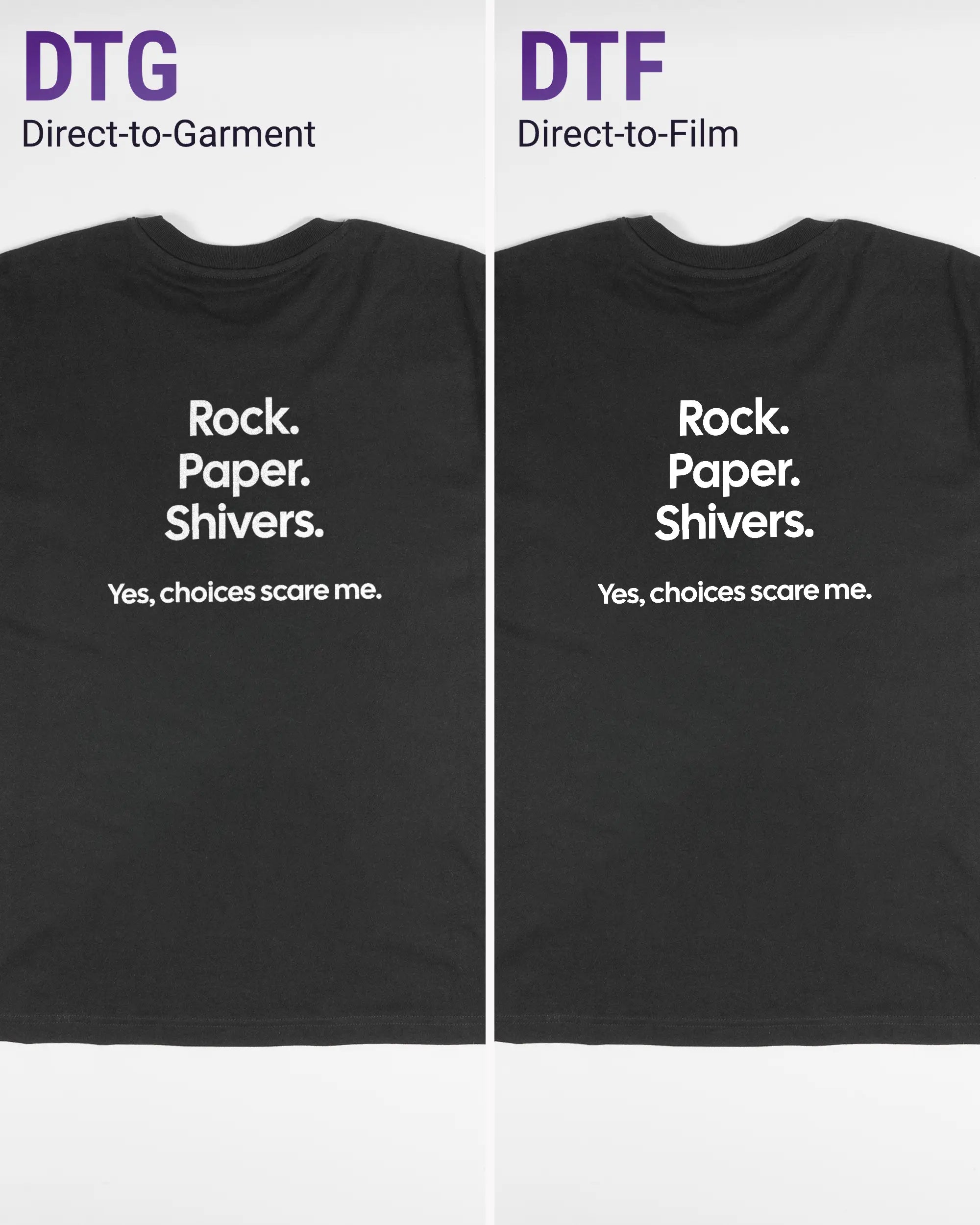 Vergleich der Rückseiten des Basic Unisex T-Shirt Oversized von Maondo mit dem Design Rock Paper Shivers in der Farbe Black und in der Größe S links mit dem Direct-to-Garment und rechts mit dem Direct-to-Film Verfahren