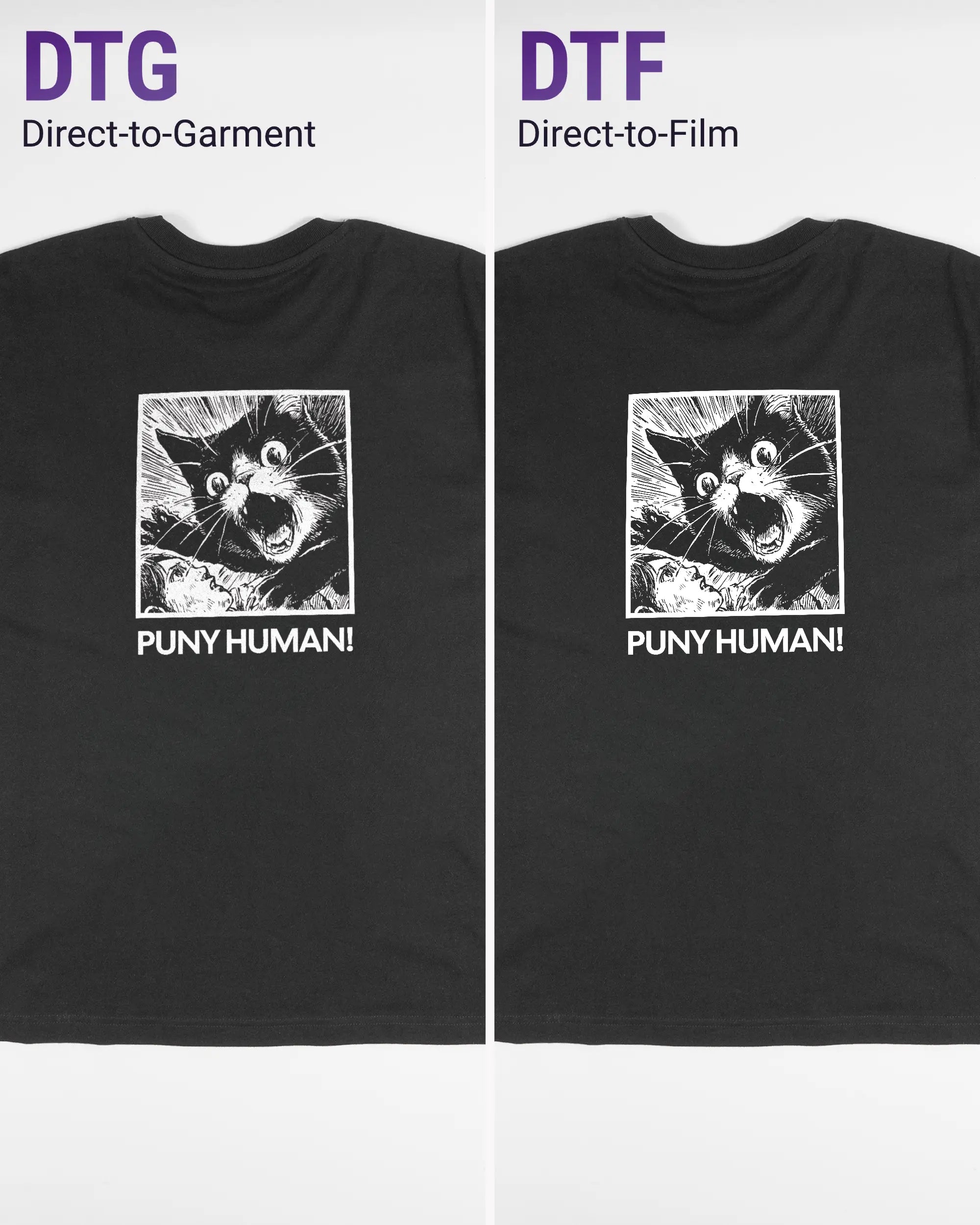 Vergleich der Rückseiten des Basic Unisex T-Shirt Oversized von Maondo mit dem Design Puny Human in der Farbe Black und in der Größe S links mit dem Direct-to-Garment und rechts mit dem Direct-to-Film Verfahren