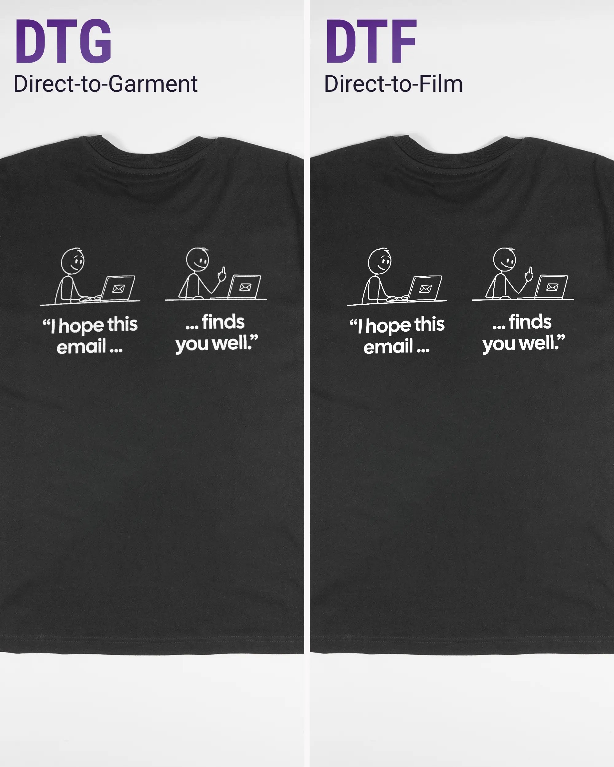 Vergleich der Rückseiten des Basic Unisex T-Shirt Oversized von Maondo mit dem Design Found me not well in der Farbe Black und in der Größe S links mit dem Direct-to-Garment und rechts mit dem Direct-to-Film Verfahren