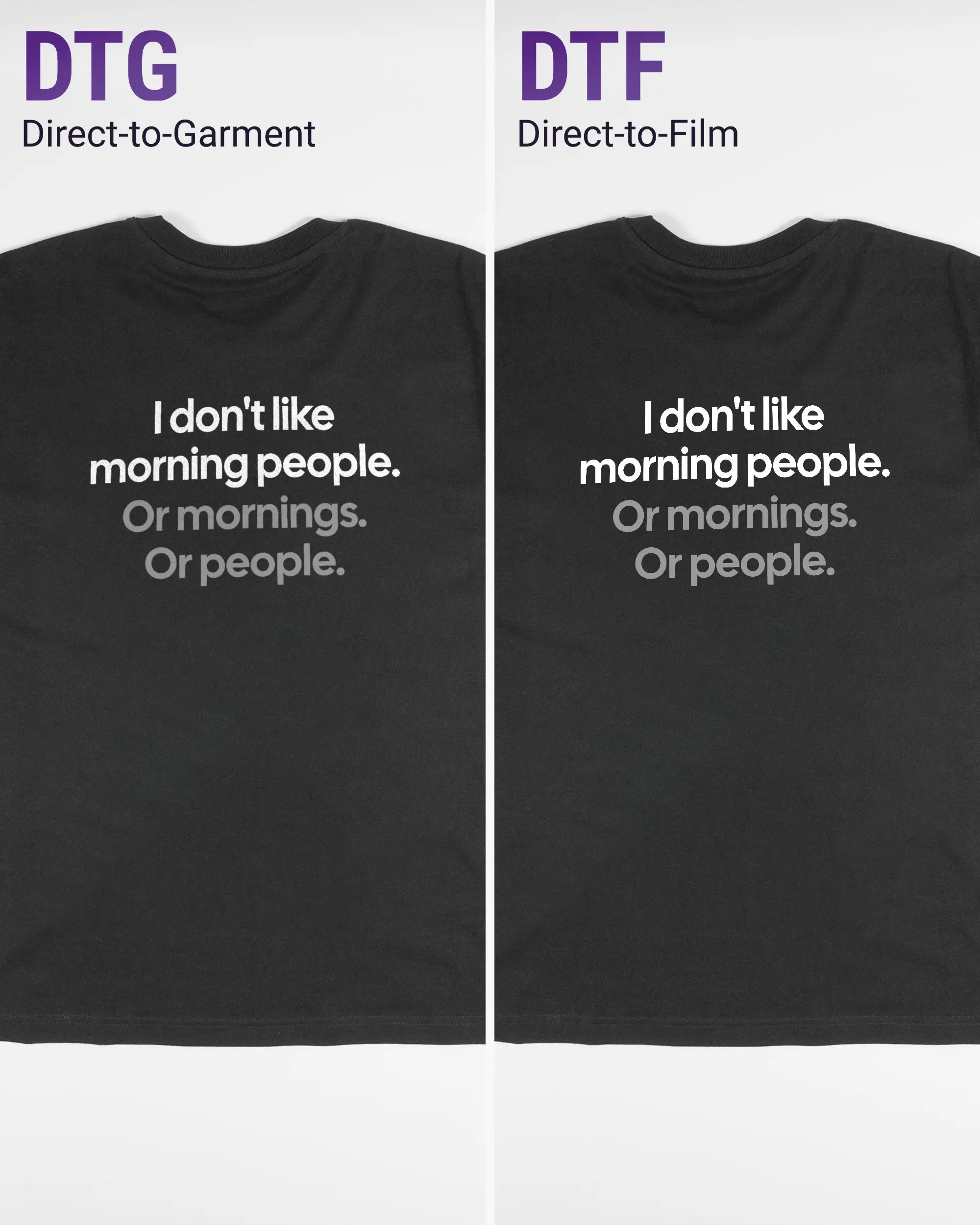 Vergleich der Rückseiten des Basic Unisex T-Shirt Oversized von Maondo mit dem Design Morning Person in der Farbe Black und in der Größe S links mit dem Direct-to-Garment und rechts mit dem Direct-to-Film Verfahren