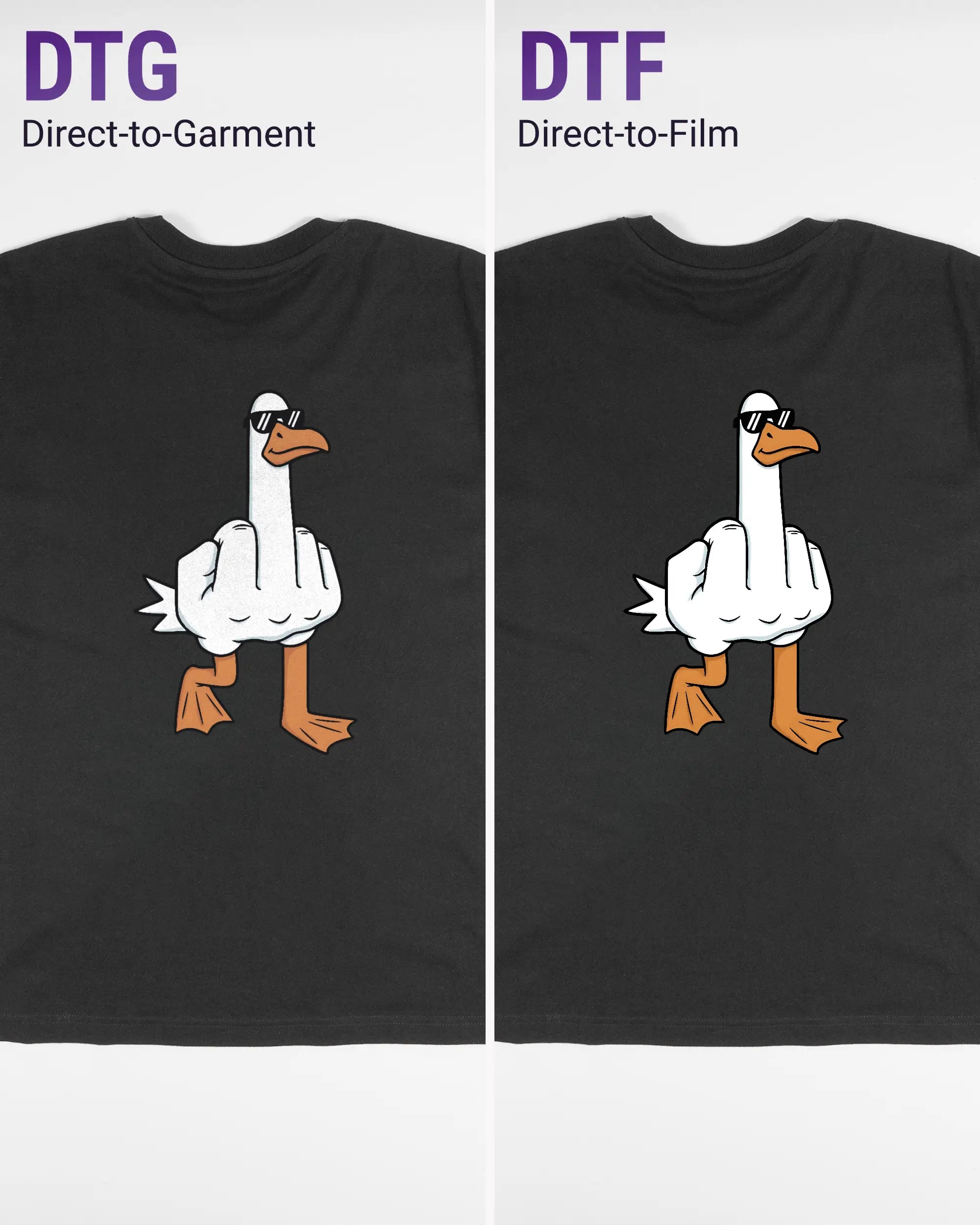 Vergleich der Rückseiten des Basic Unisex T-Shirt Oversized von Maondo mit dem Design I give a duck in der Farbe Black und in der Größe S links mit dem Direct-to-Garment und rechts mit dem Direct-to-Film Verfahren