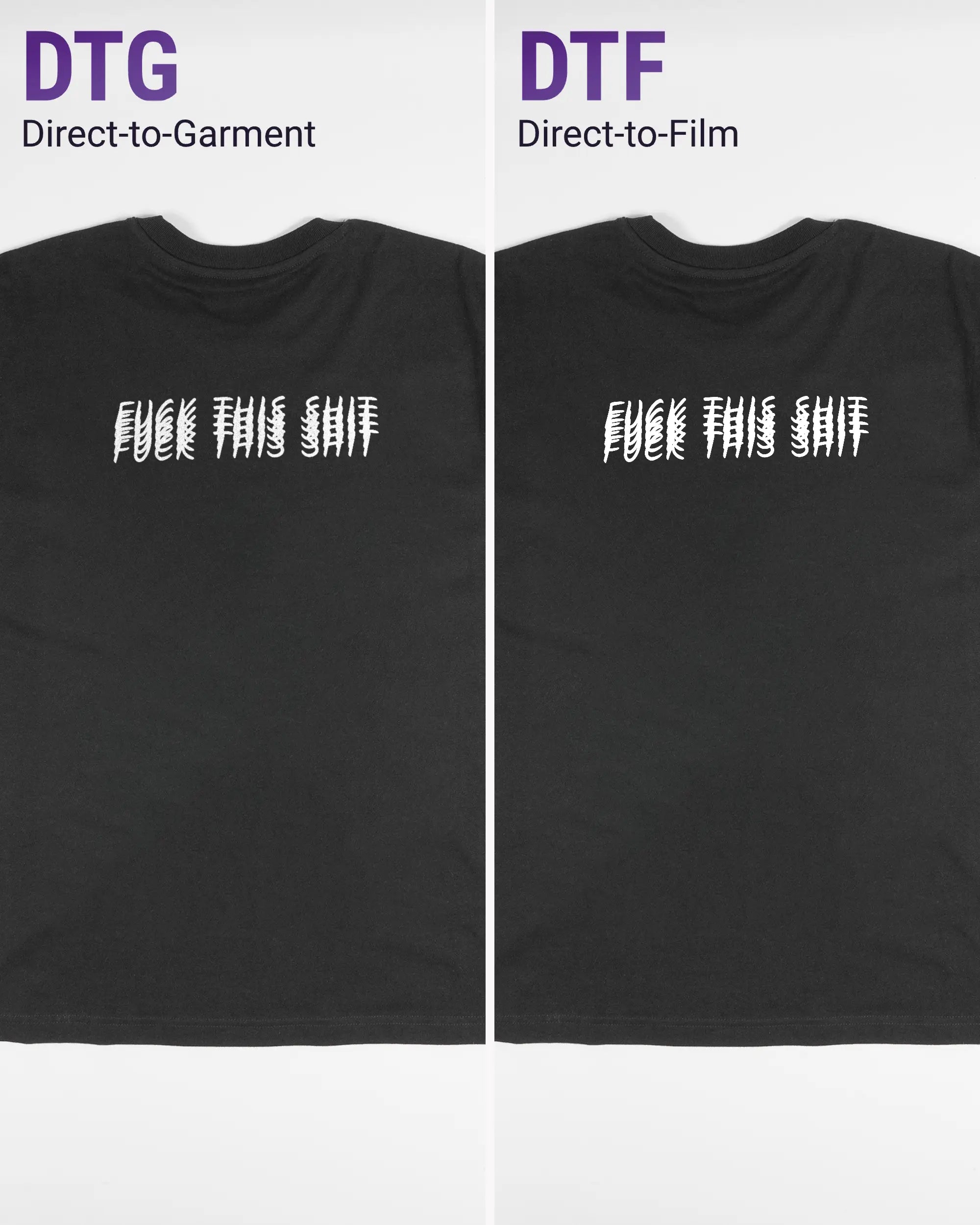 Vergleich der Rückseiten des Basic Unisex T-Shirt Oversized von Maondo mit dem Design Hidden Message in der Farbe Black und in der Größe S links mit dem Direct-to-Garment und rechts mit dem Direct-to-Film Verfahren