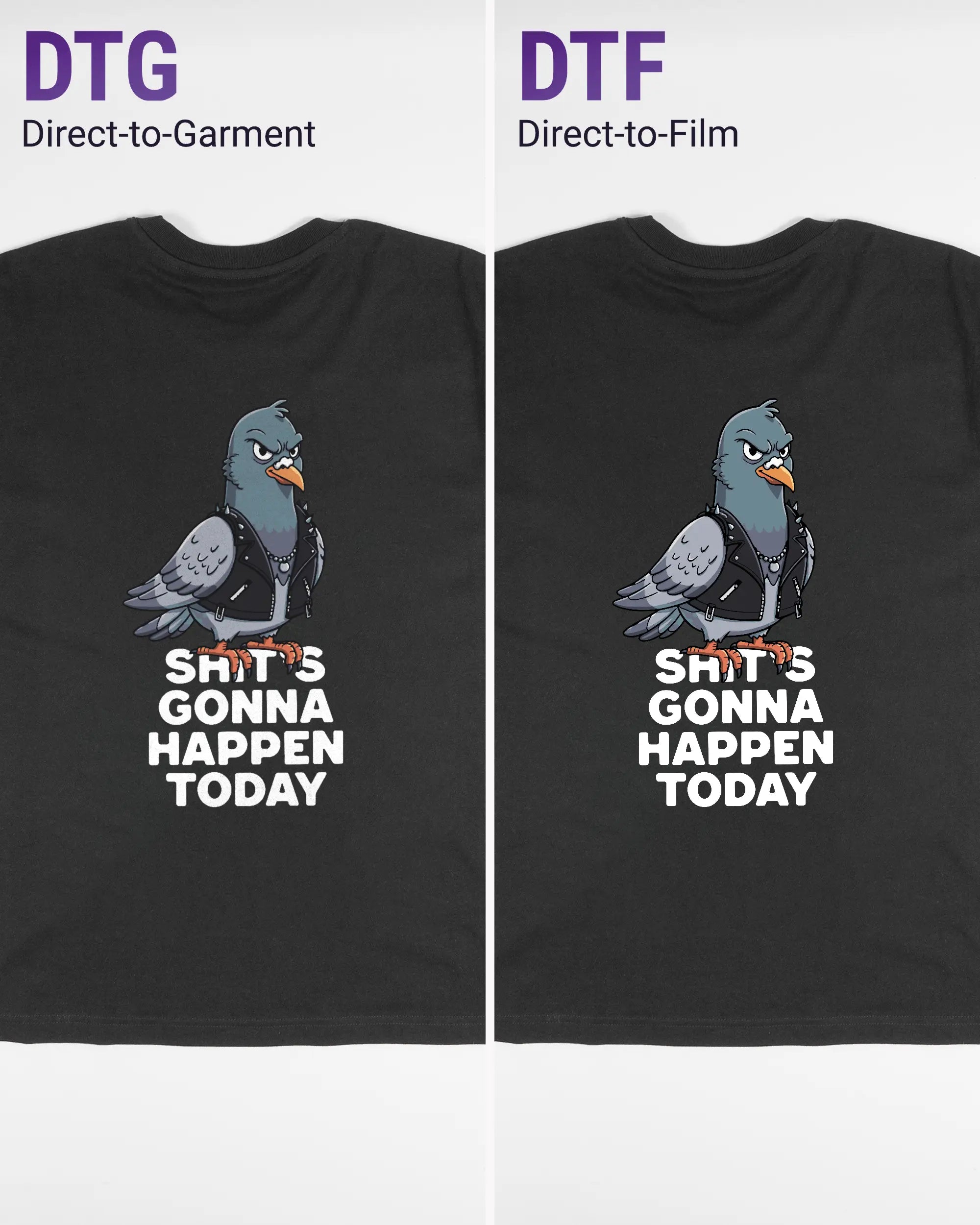 Vergleich der Rückseiten des Basic Unisex T-Shirt Oversized von Maondo mit dem Design Pigeon Pun in der Farbe Black und in der Größe S links mit dem Direct-to-Garment und rechts mit dem Direct-to-Film Verfahren