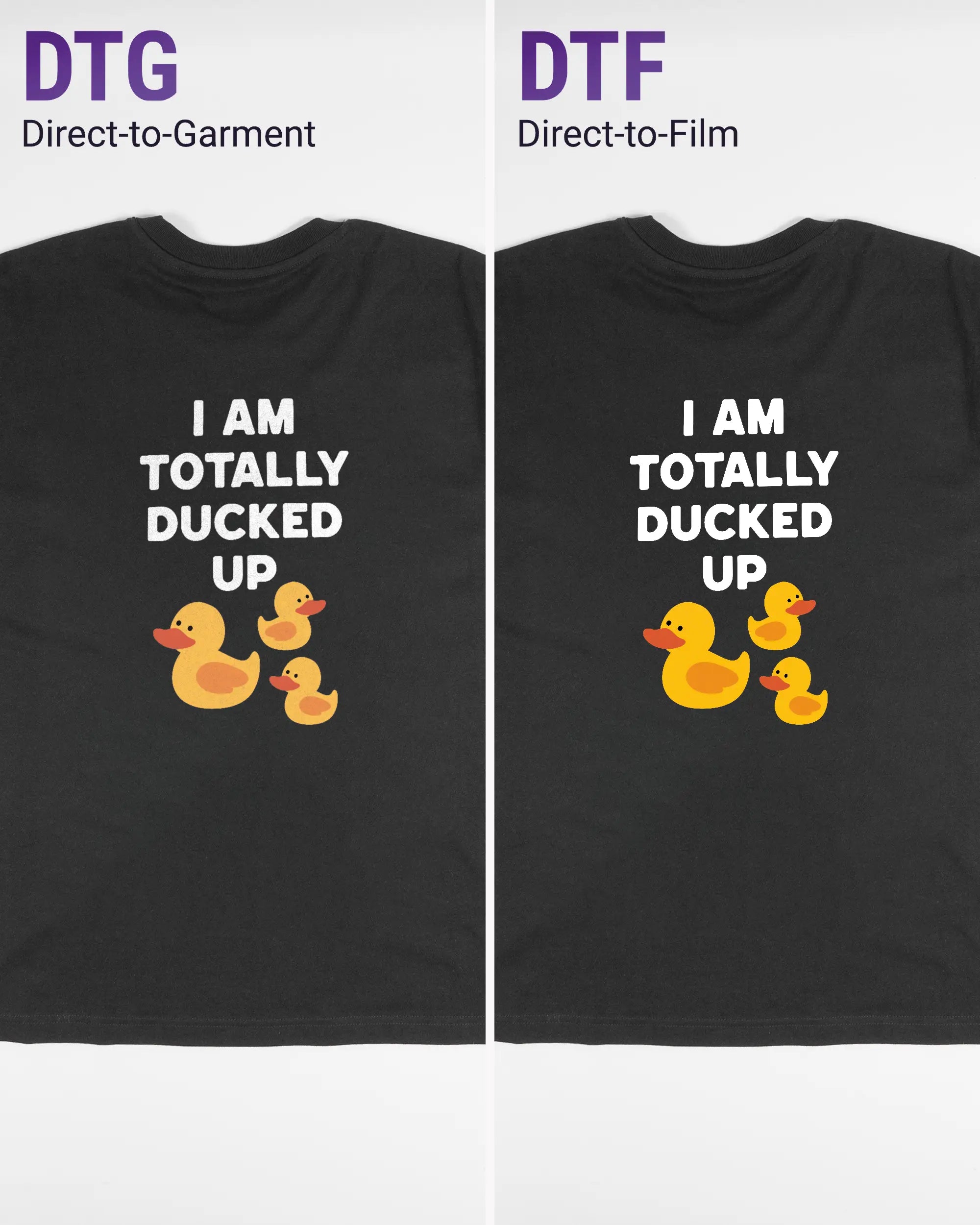 Vergleich der Rückseiten des Basic Unisex T-Shirt Oversized von Maondo mit dem Design Ducked Up in der Farbe Black und in der Größe S links mit dem Direct-to-Garment und rechts mit dem Direct-to-Film Verfahren