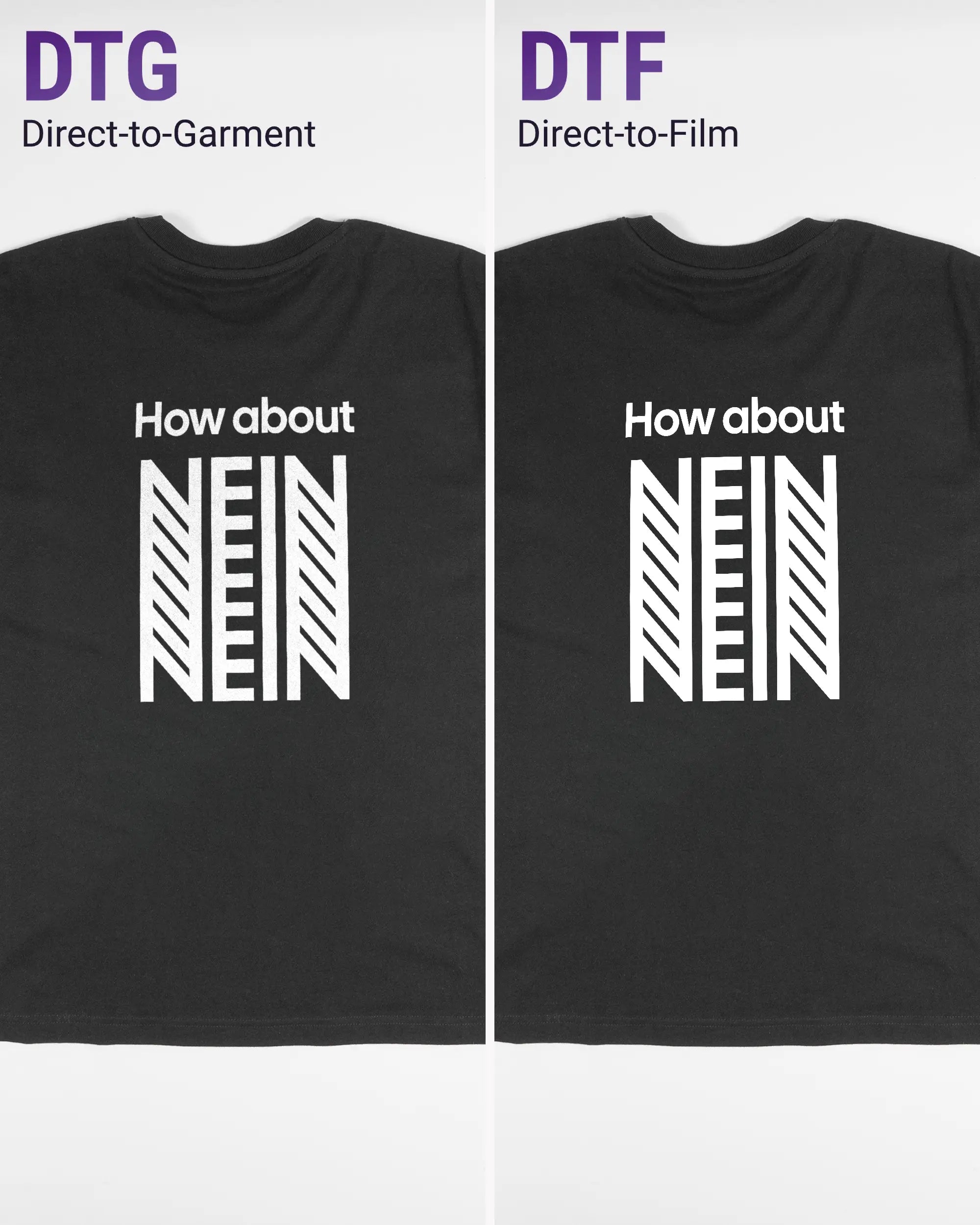 Vergleich der Rückseiten des Basic Unisex T-Shirt Oversized von Maondo mit dem Design How about nein in der Farbe Black und in der Größe S links mit dem Direct-to-Garment und rechts mit dem Direct-to-Film Verfahren