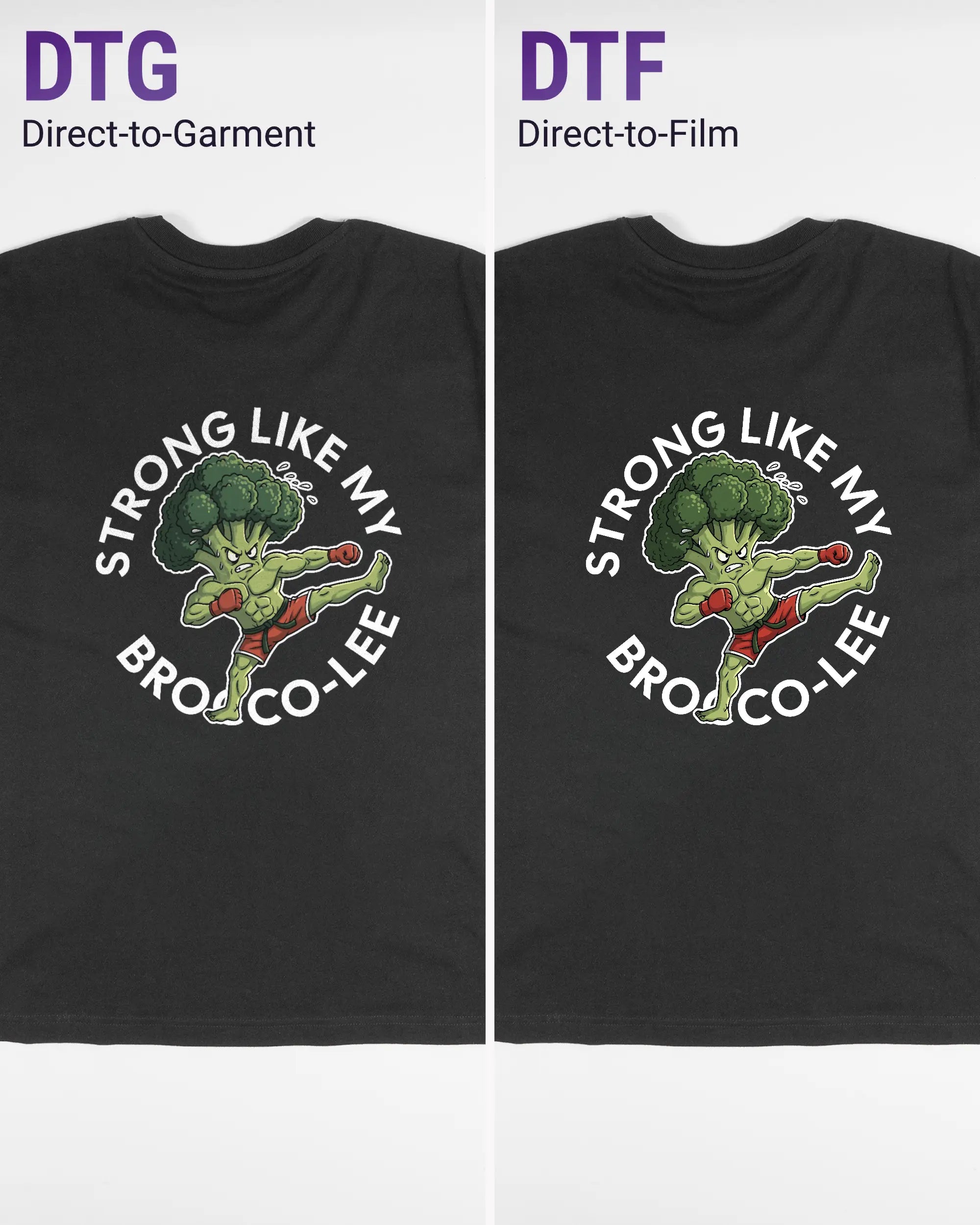 Vergleich der Rückseiten des Basic Unisex T-Shirt Oversized von Maondo mit dem Design Brocco-Lee in der Farbe Black und in der Größe S links mit dem Direct-to-Garment und rechts mit dem Direct-to-Film Verfahren