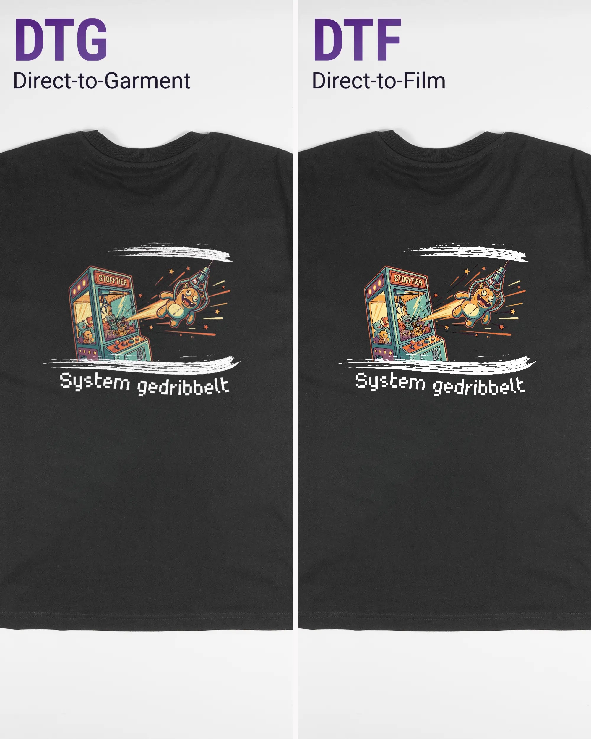 Vergleich der Rückseiten des Basic Unisex T-Shirt Oversized von Maondo mit dem Design System gedribbelt in der Farbe Black und in der Größe S links mit dem Direct-to-Garment und rechts mit dem Direct-to-Film Verfahren