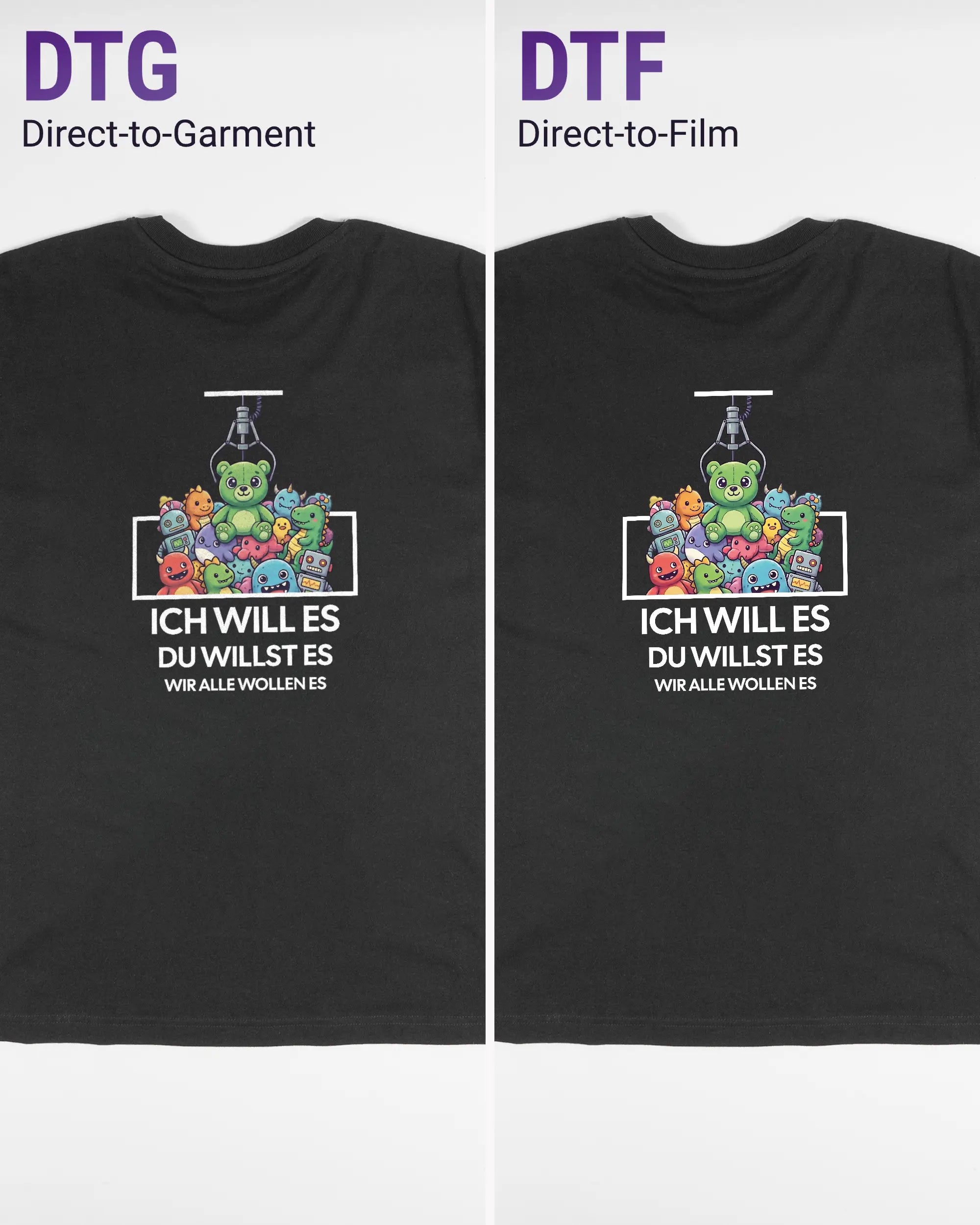 Vergleich der Rückseiten des Basic Unisex T-Shirt Oversized von Maondo mit dem Design Will Stofftier in der Farbe Black und in der Größe S links mit dem Direct-to-Garment und rechts mit dem Direct-to-Film Verfahren