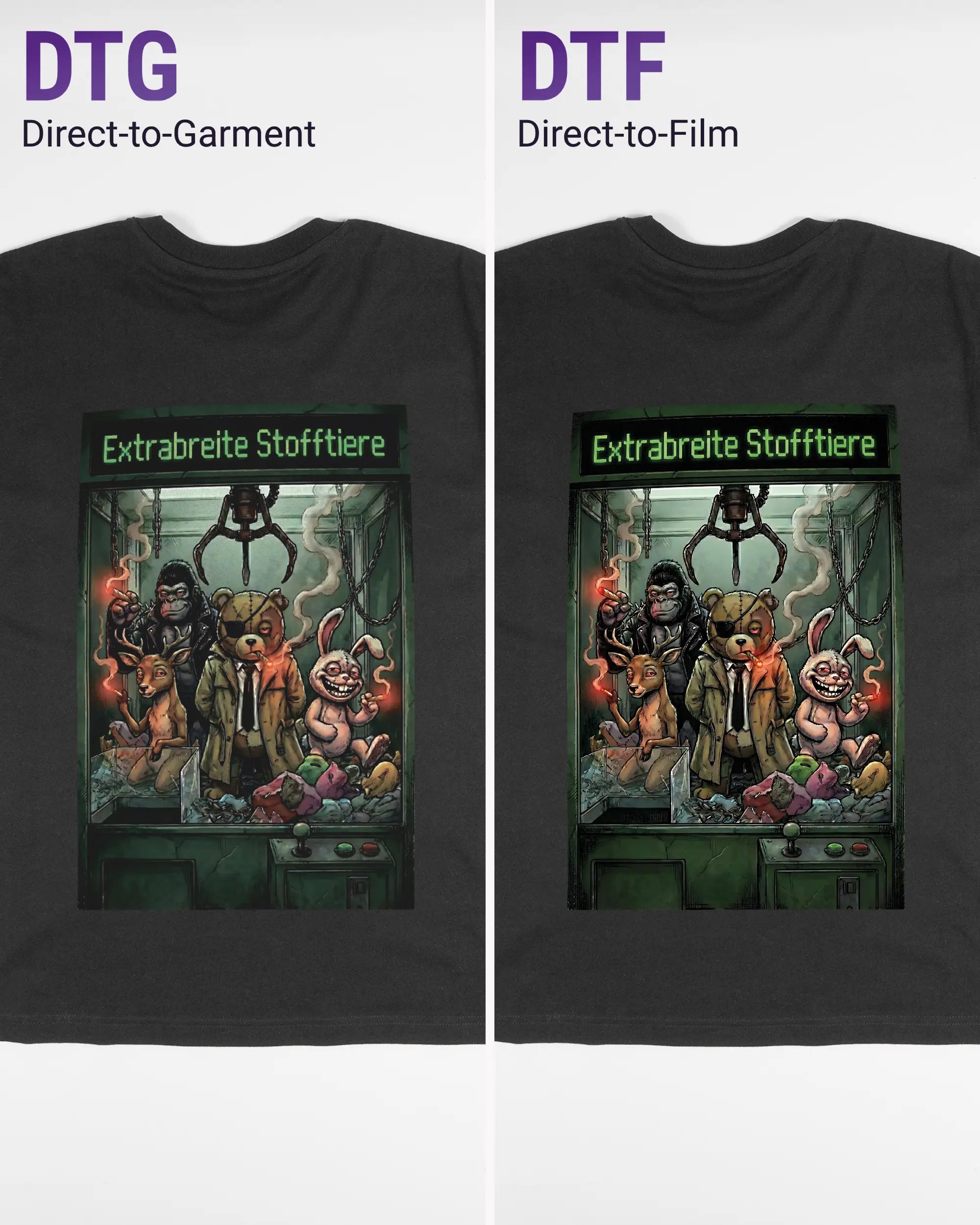 Vergleich der Rückseiten des Basic Unisex T-Shirt Oversized von Maondo mit dem Design Extrabreit in der Farbe Black und in der Größe S links mit dem Direct-to-Garment und rechts mit dem Direct-to-Film Verfahren