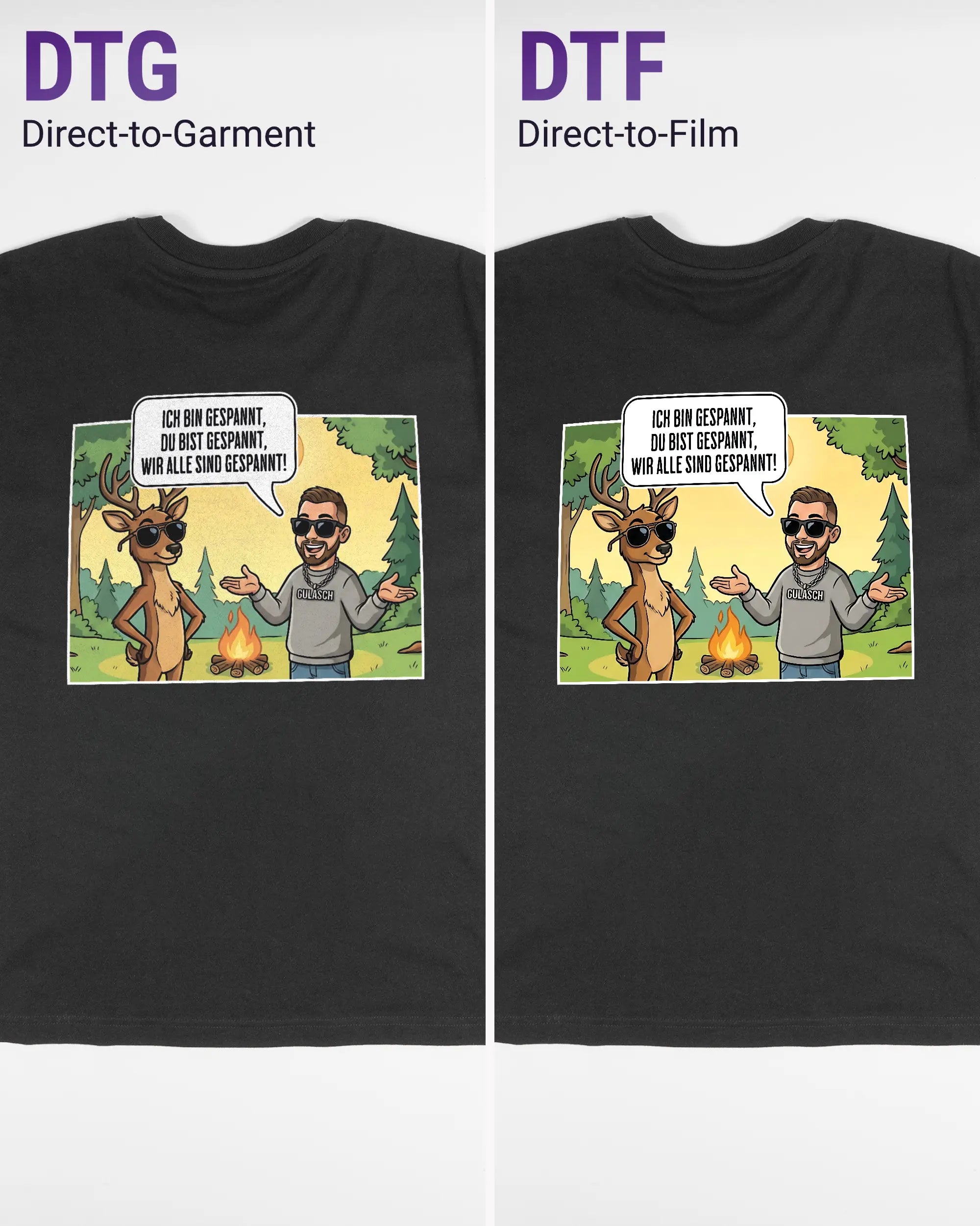 Vergleich der Rückseiten des Basic Unisex T-Shirt Oversized von Maondo mit dem Design Vollspannung in der Farbe Black und in der Größe S links mit dem Direct-to-Garment und rechts mit dem Direct-to-Film Verfahren