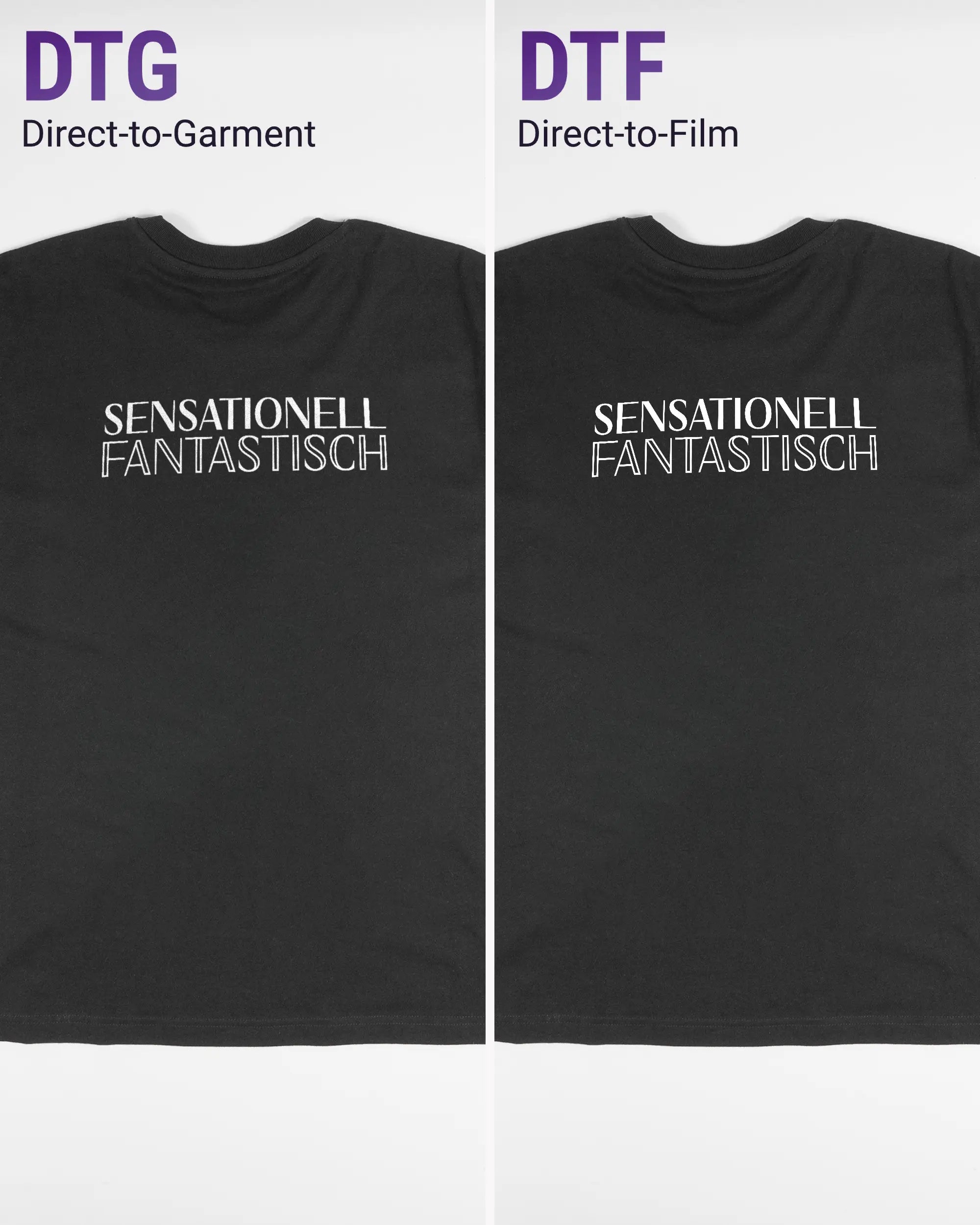 Vergleich der Rückseiten des Basic Unisex T-Shirt Oversized von Maondo mit dem Design Sensationell in der Farbe Black und in der Größe S links mit dem Direct-to-Garment und rechts mit dem Direct-to-Film Verfahren