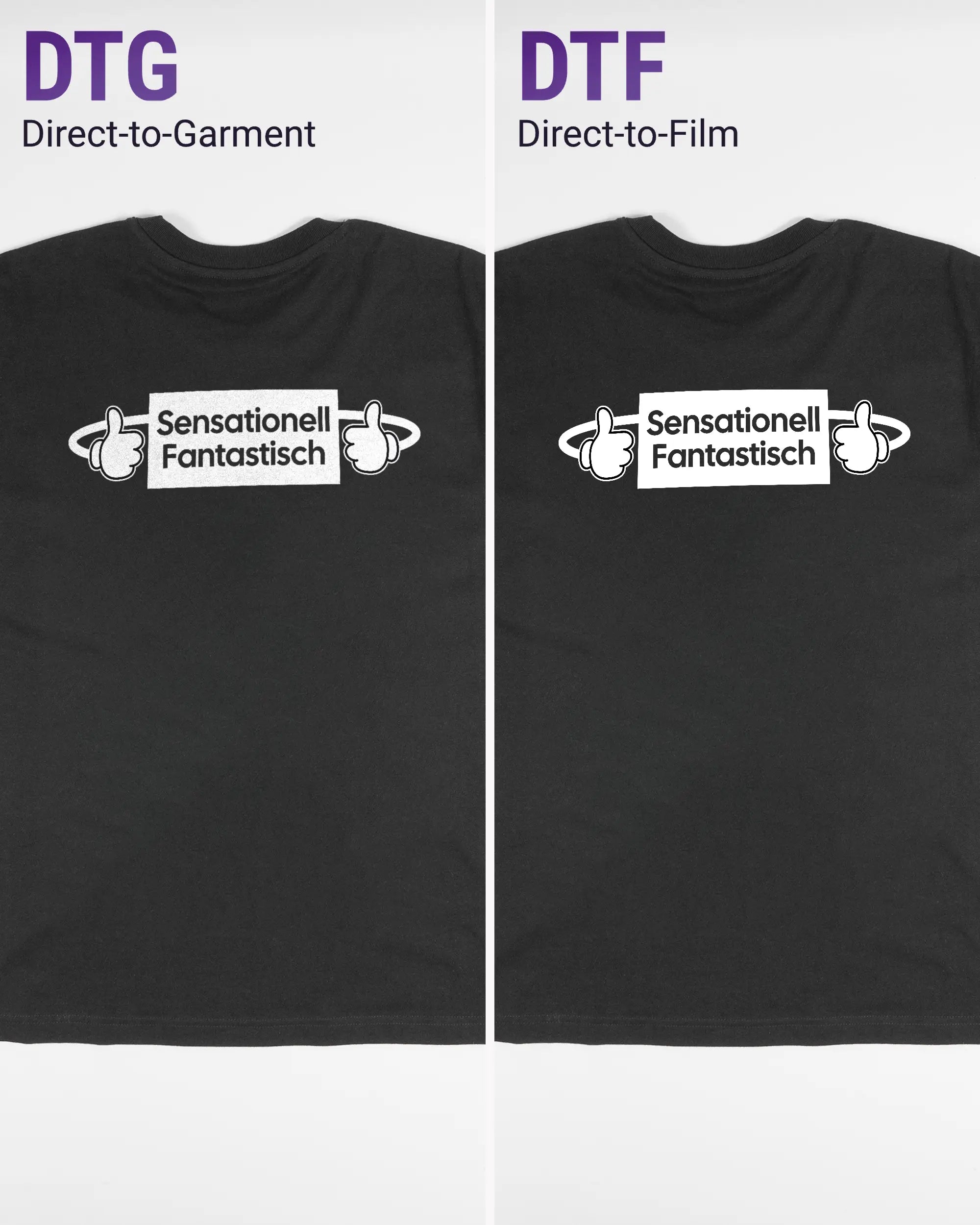 Vergleich der Rückseiten des Basic Unisex T-Shirt Oversized von Maondo mit dem Design Fantastisch in der Farbe Black und in der Größe S links mit dem Direct-to-Garment und rechts mit dem Direct-to-Film Verfahren