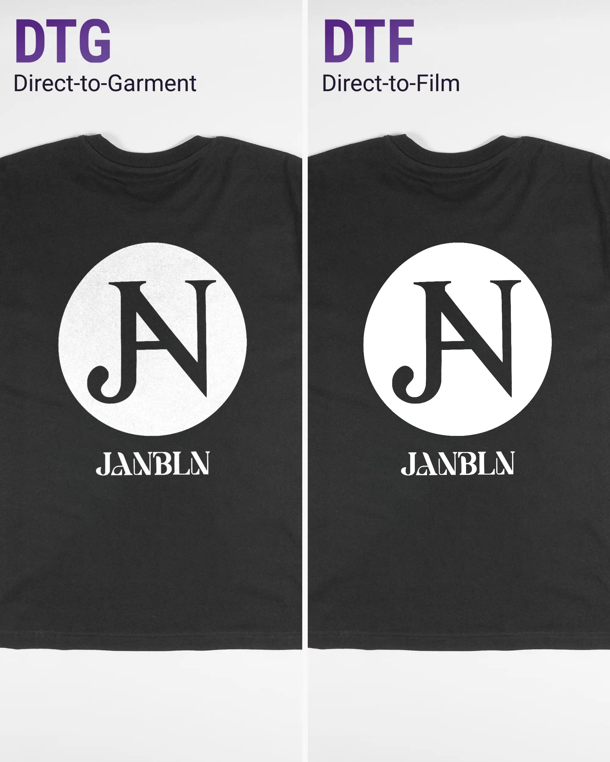 Vergleich der Rückseiten des Basic Unisex T-Shirt Oversized von Maondo mit dem Design JB1 in der Farbe Black und in der Größe S links mit dem Direct-to-Garment und rechts mit dem Direct-to-Film Verfahren