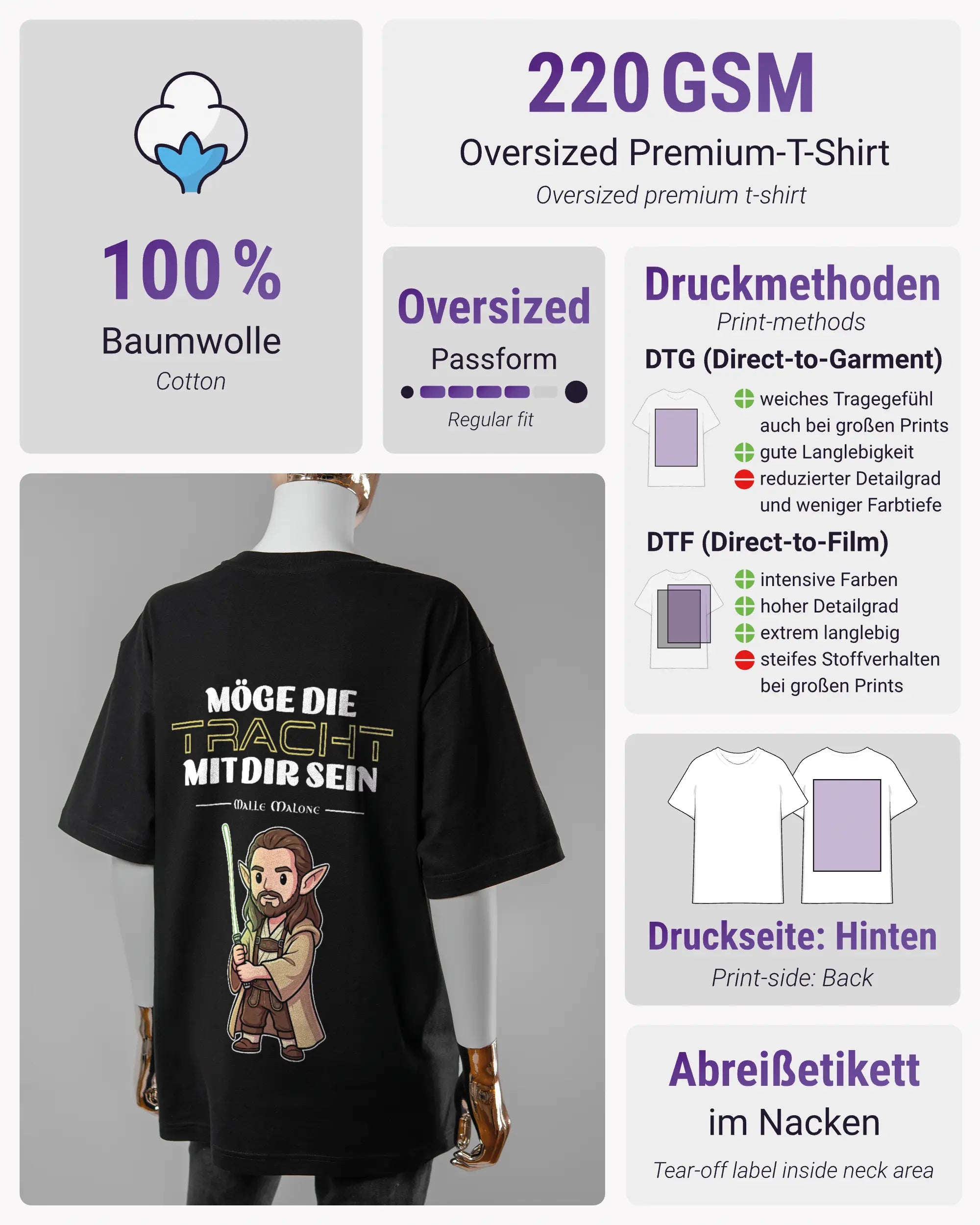 Produktinformationsblatt des Basic Unisex T-Shirt Oversized von Maondo mit dem Design Tracht mit dir hinten in der Farbe Black und in der Größe S