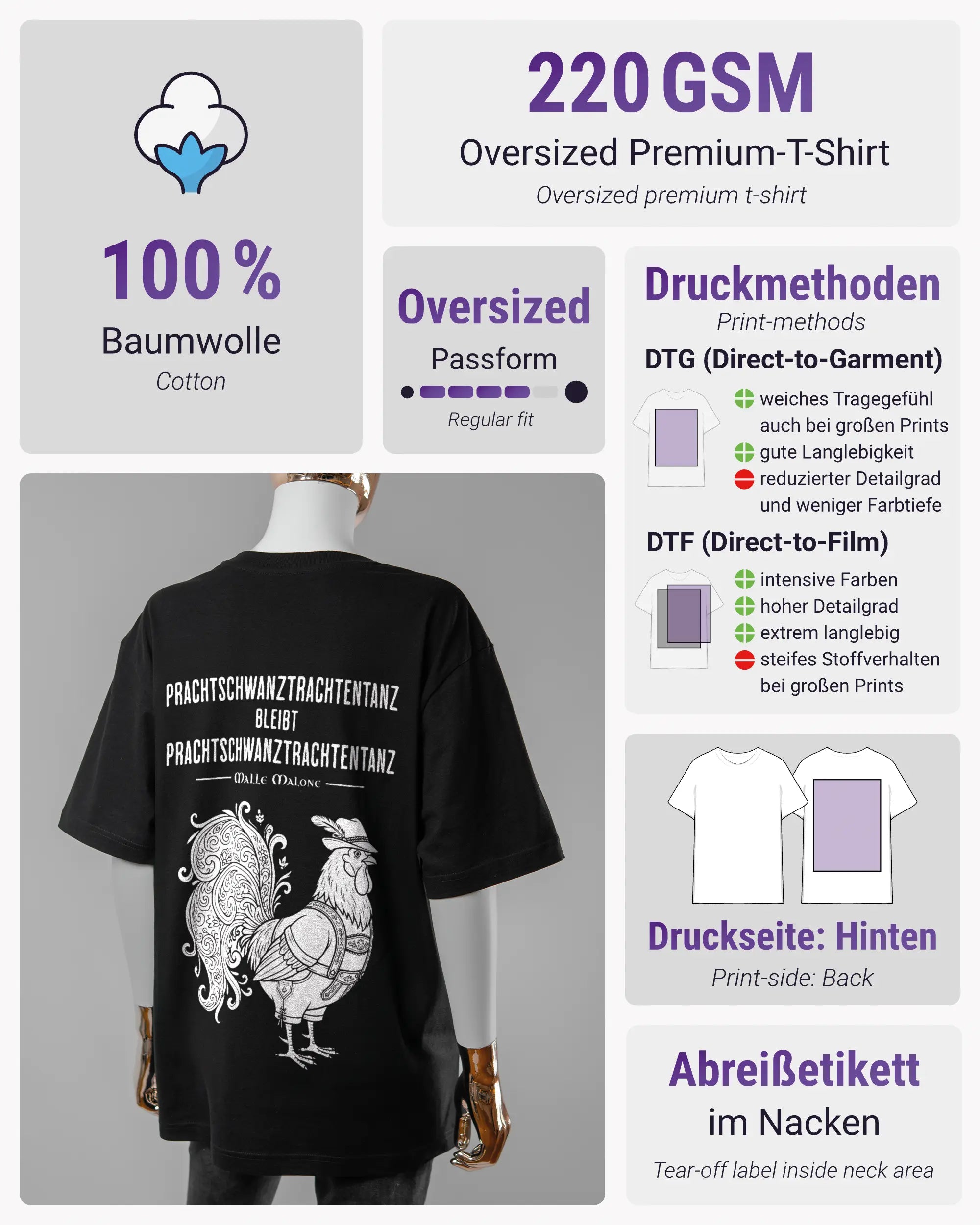 Produktinformationsblatt des Basic Unisex T-Shirt Oversized von Maondo mit dem Design Trachtentanz hinten in der Farbe Black und in der Größe S