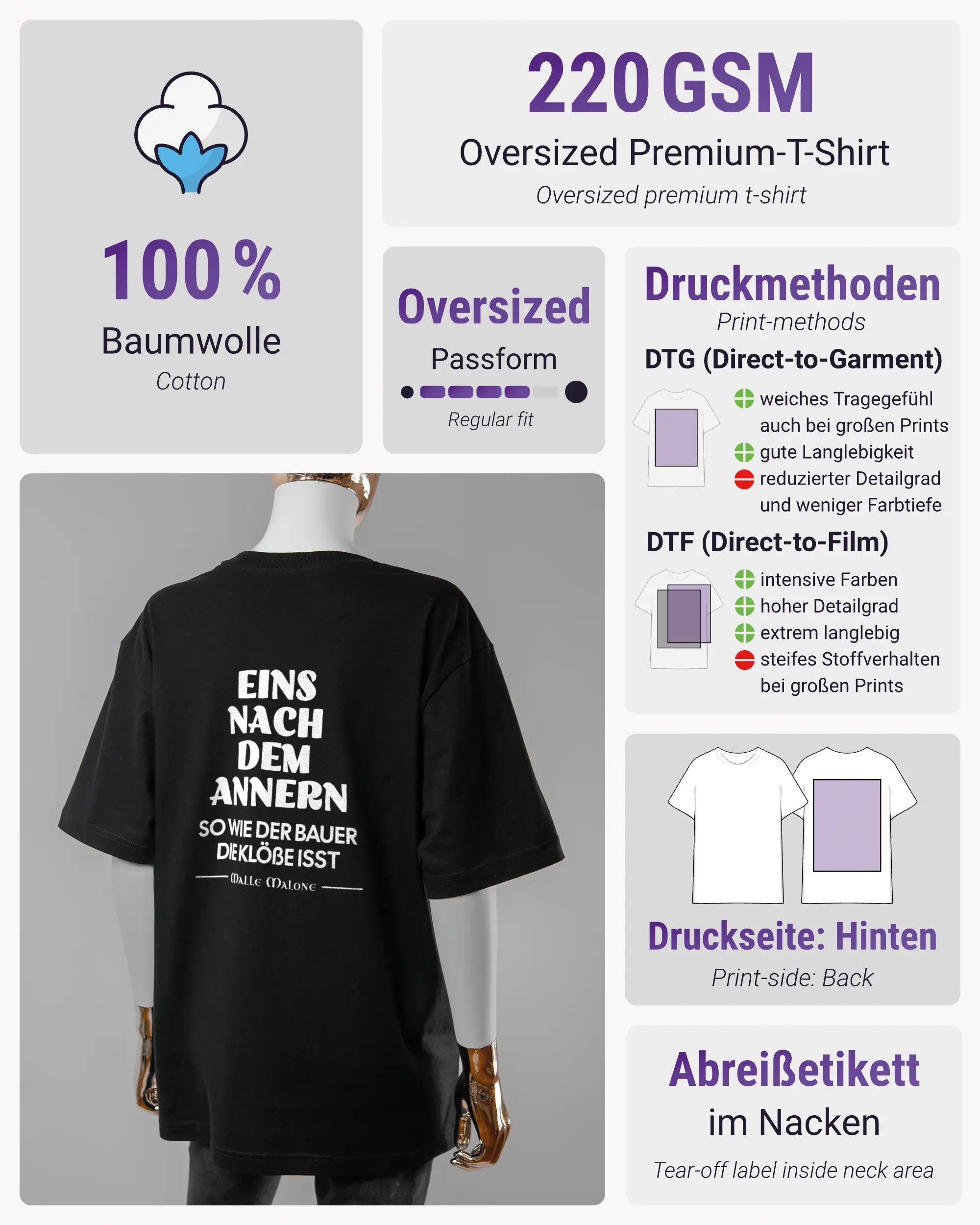 Produktinformationsblatt des Basic Unisex T-Shirt Oversized von Maondo mit dem Design Eins nach dem Annern hinten in der Farbe Black und in der Größe S