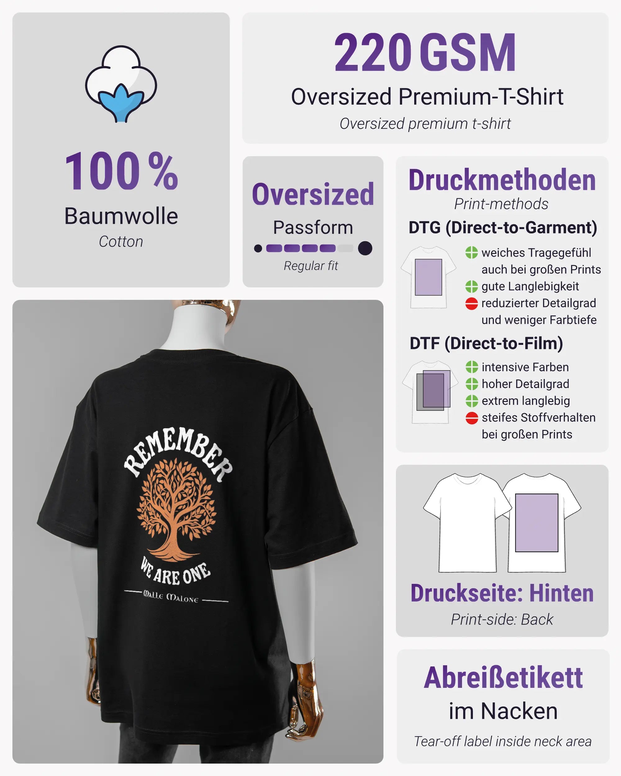 Produktinformationsblatt des Basic Unisex T-Shirt Oversized von Maondo mit dem Design We are one hinten in der Farbe Black und in der Größe S