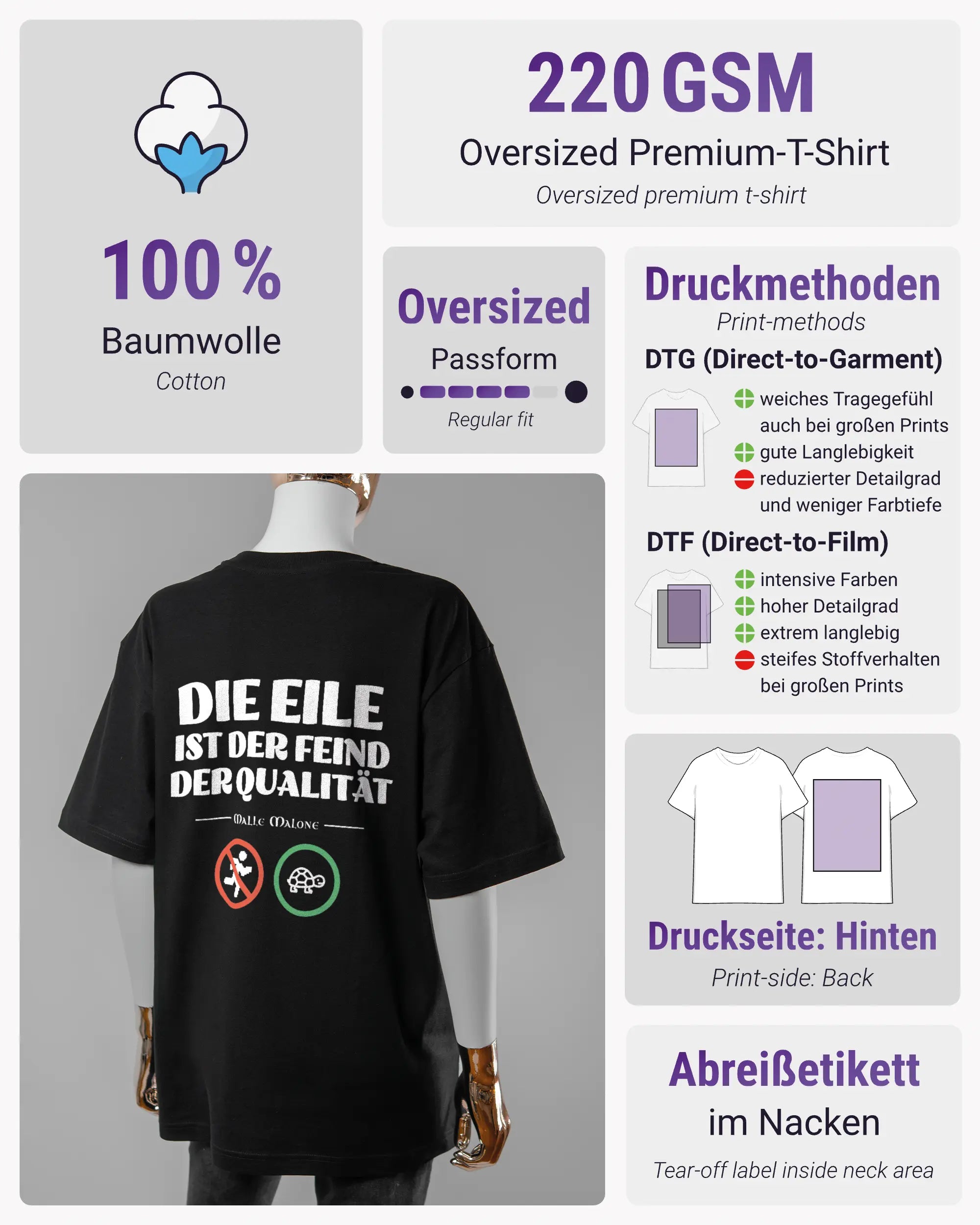 Produktinformationsblatt des Basic Unisex T-Shirt Oversized von Maondo mit dem Design Keine Eile hinten in der Farbe Black und in der Größe S