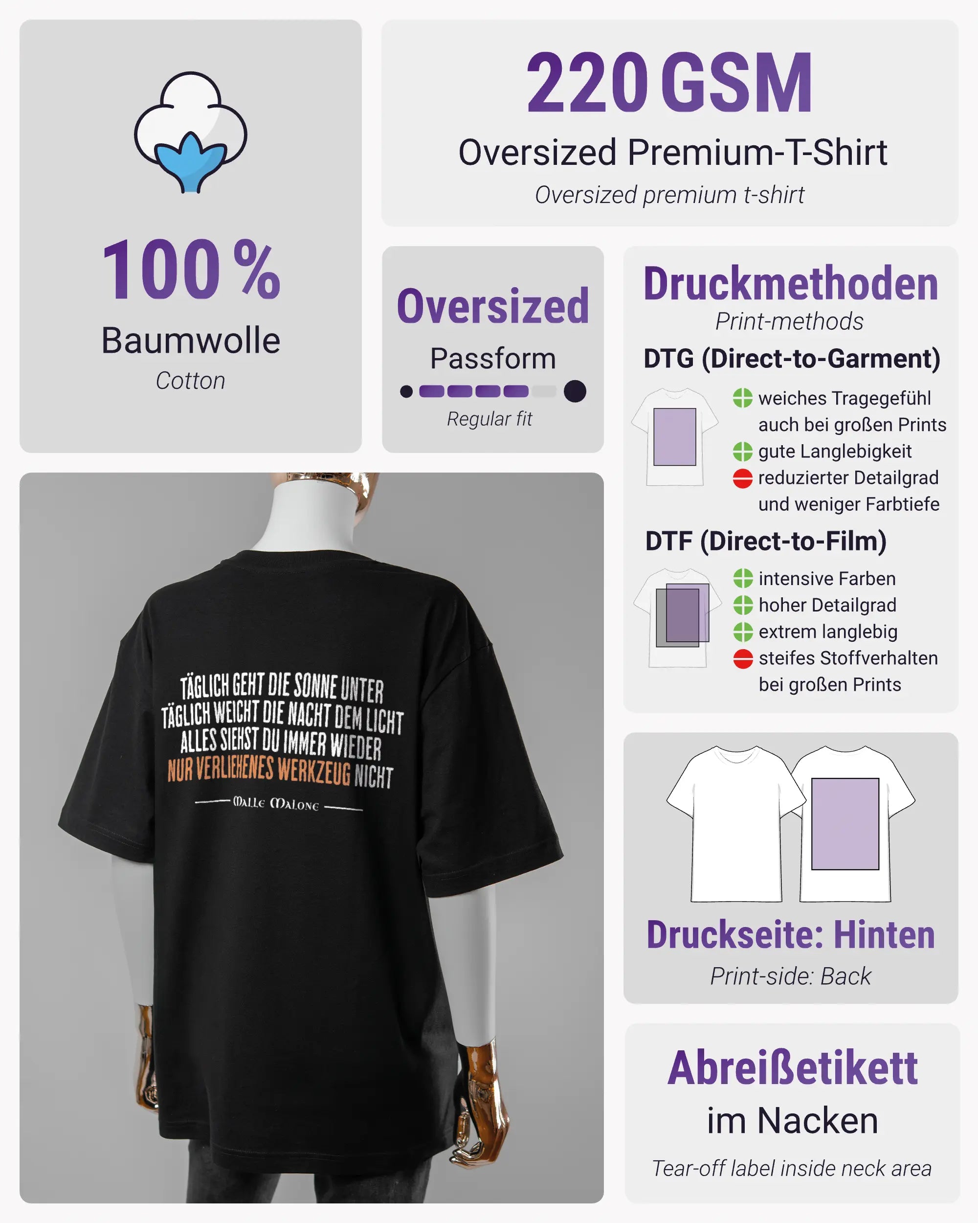 Produktinformationsblatt des Basic Unisex T-Shirt Oversized von Maondo mit dem Design Wegzeug hinten in der Farbe Black und in der Größe S