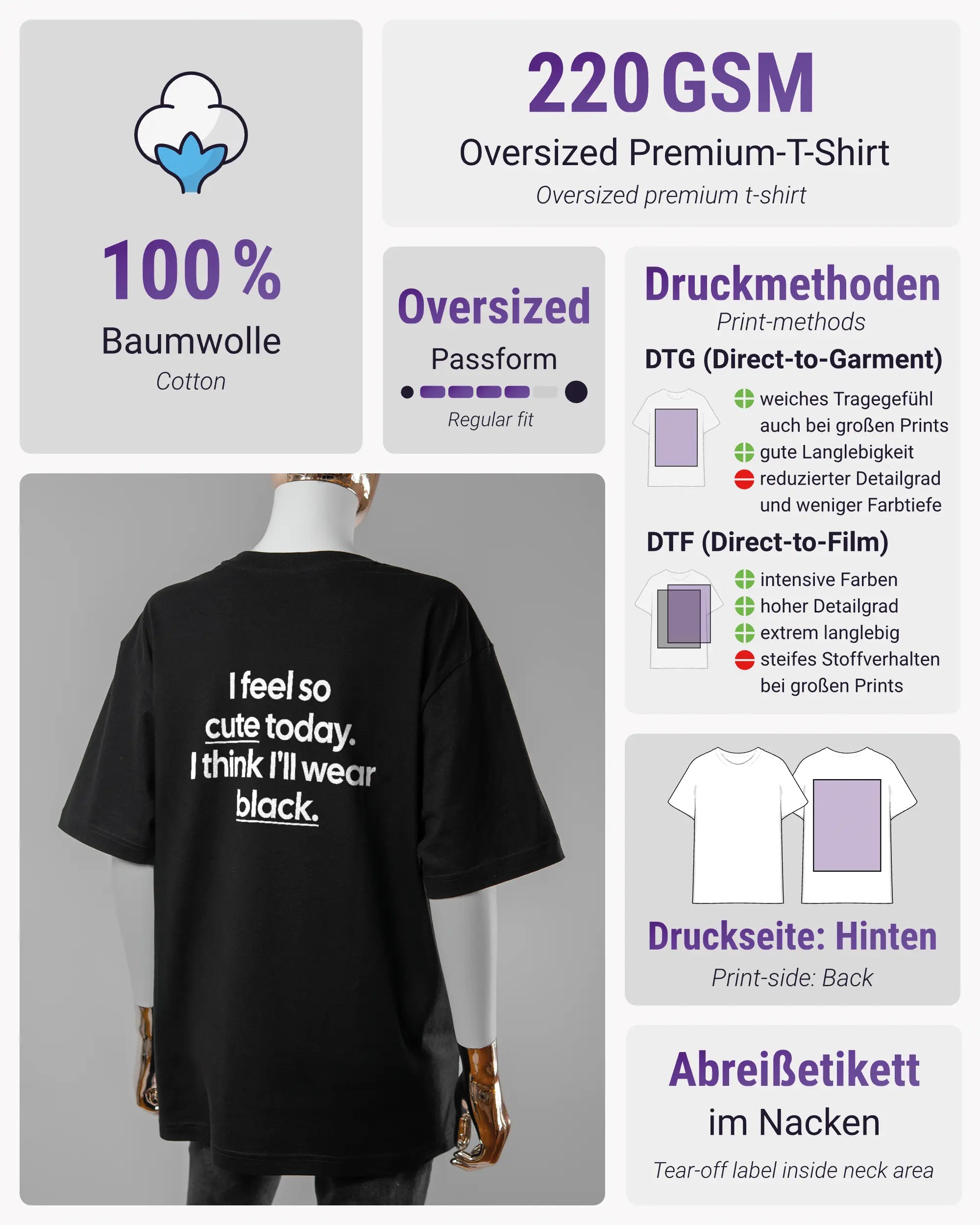 Produktinformationsblatt des Basic Unisex T-Shirt Oversized von Maondo mit dem Design Colorful Day hinten in der Farbe Black und in der Größe S