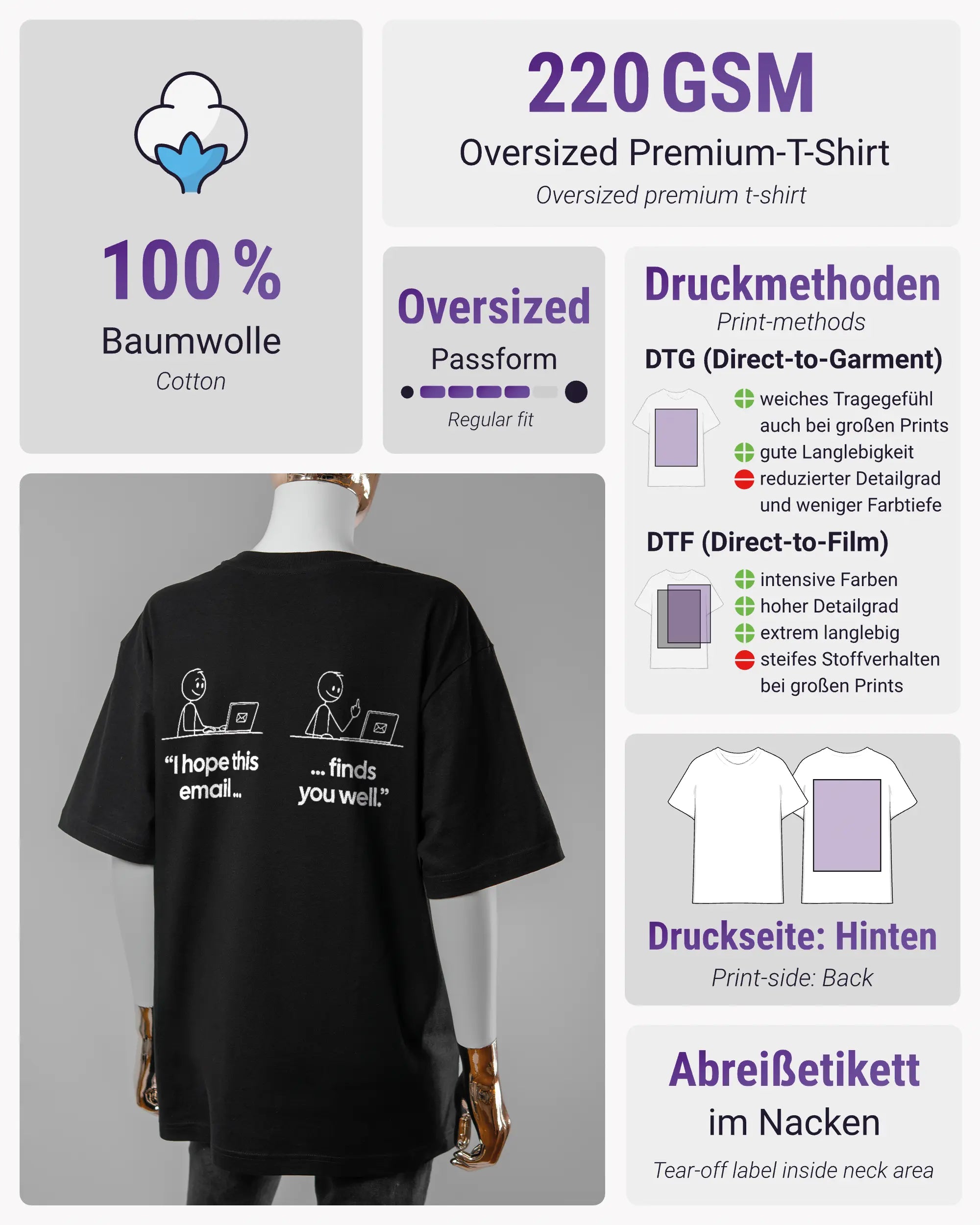 Produktinformationsblatt des Basic Unisex T-Shirt Oversized von Maondo mit dem Design Found me not well hinten in der Farbe Black und in der Größe S