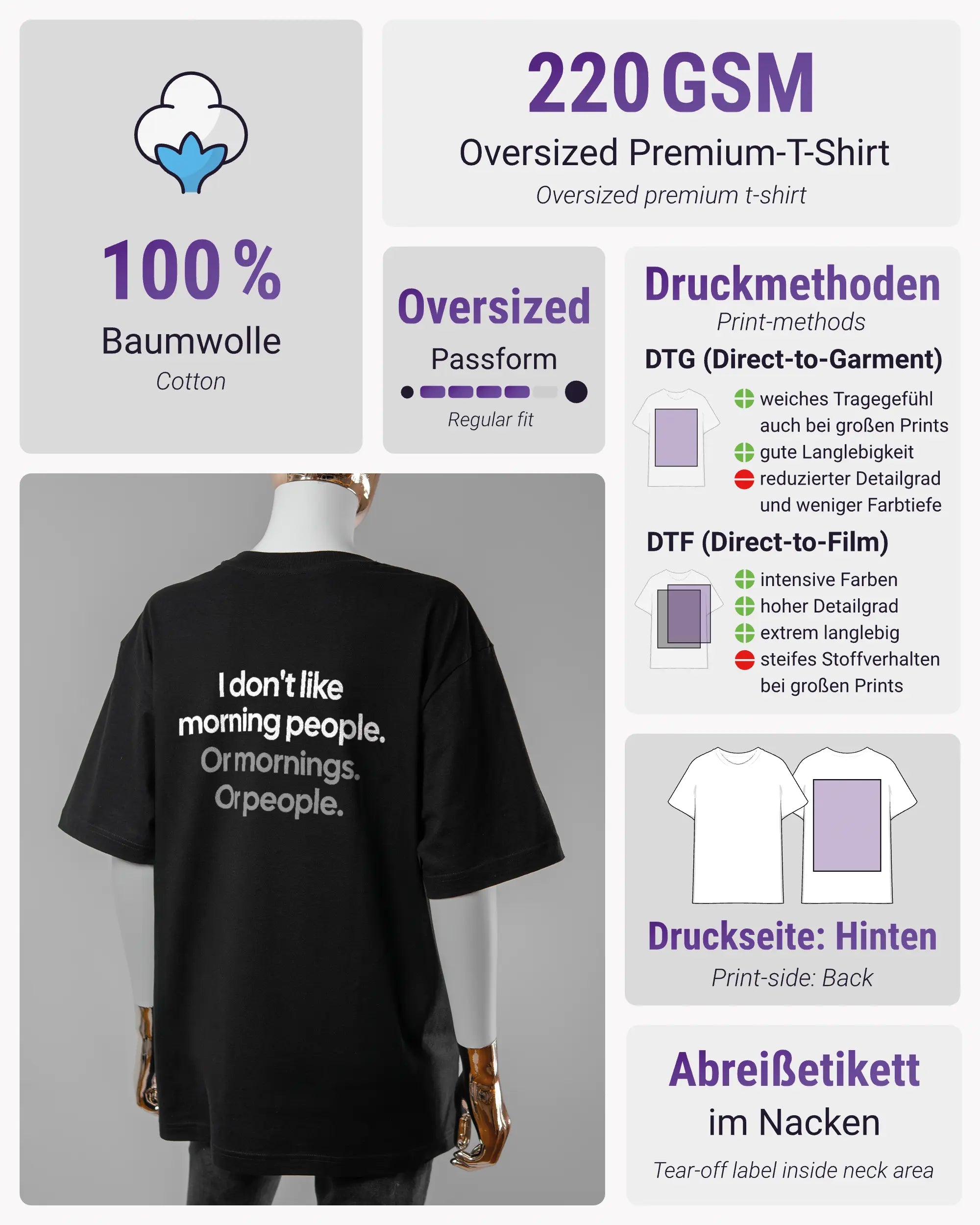 Produktinformationsblatt des Basic Unisex T-Shirt Oversized von Maondo mit dem Design Morning Person hinten in der Farbe Black und in der Größe S