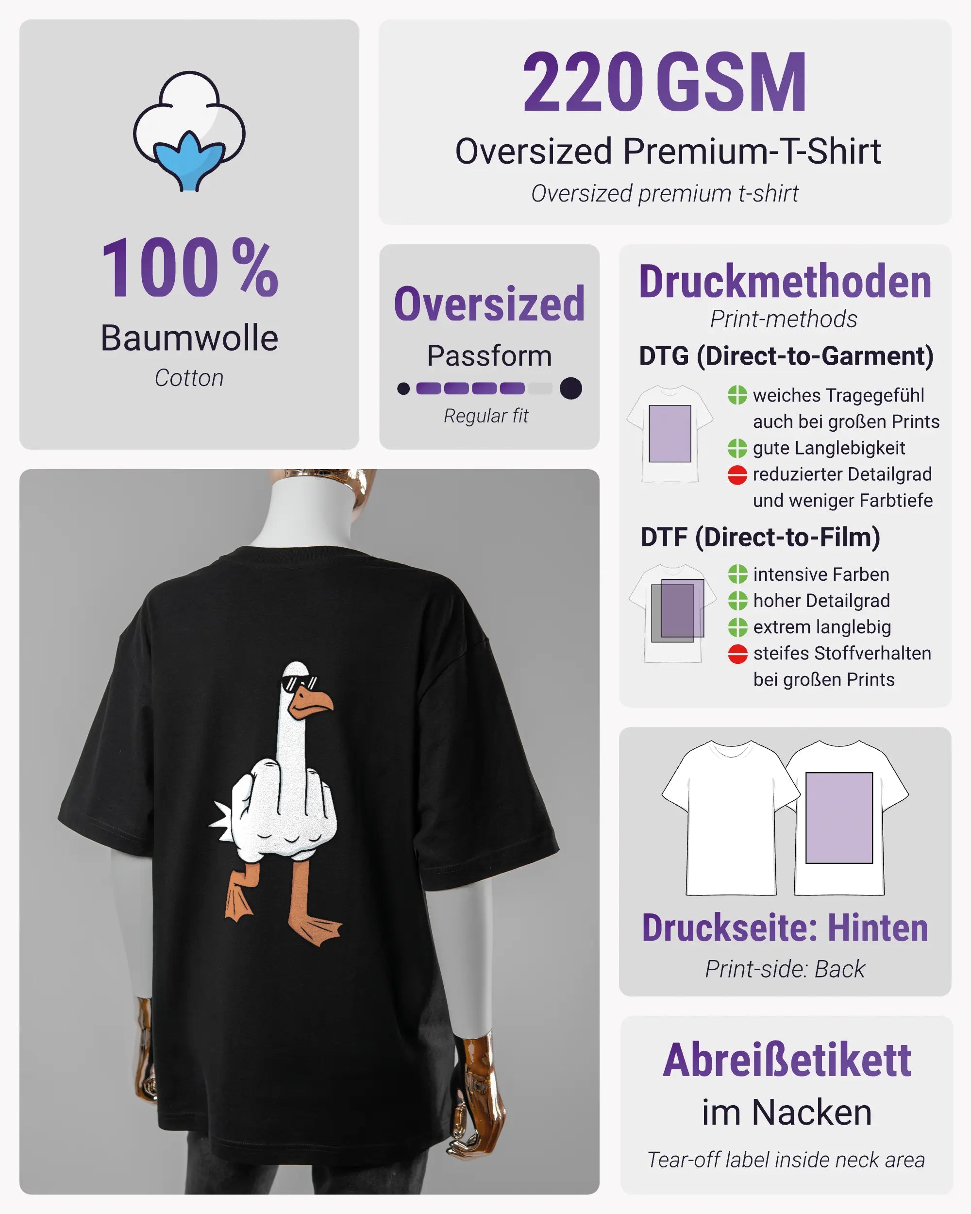 Produktinformationsblatt des Basic Unisex T-Shirt Oversized von Maondo mit dem Design I give a duck hinten in der Farbe Black und in der Größe S