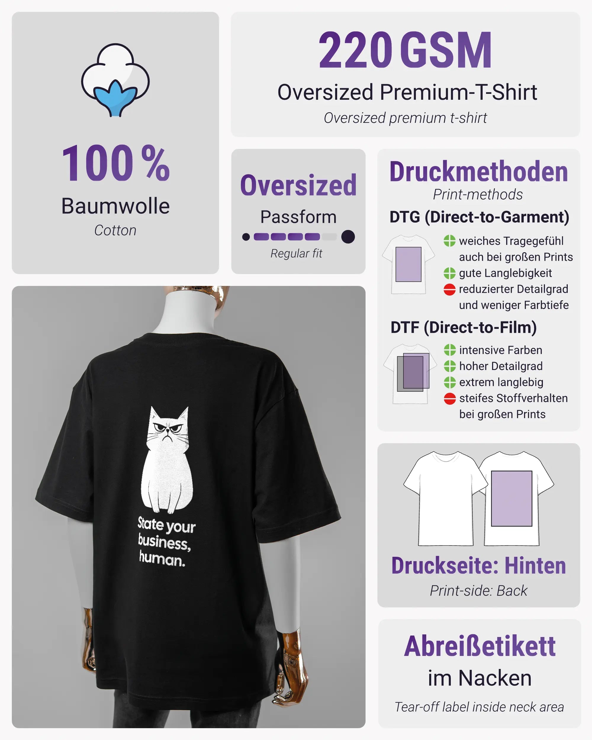 Produktinformationsblatt des Basic Unisex T-Shirt Oversized von Maondo mit dem Design Grumpy Purr hinten in der Farbe Black und in der Größe S