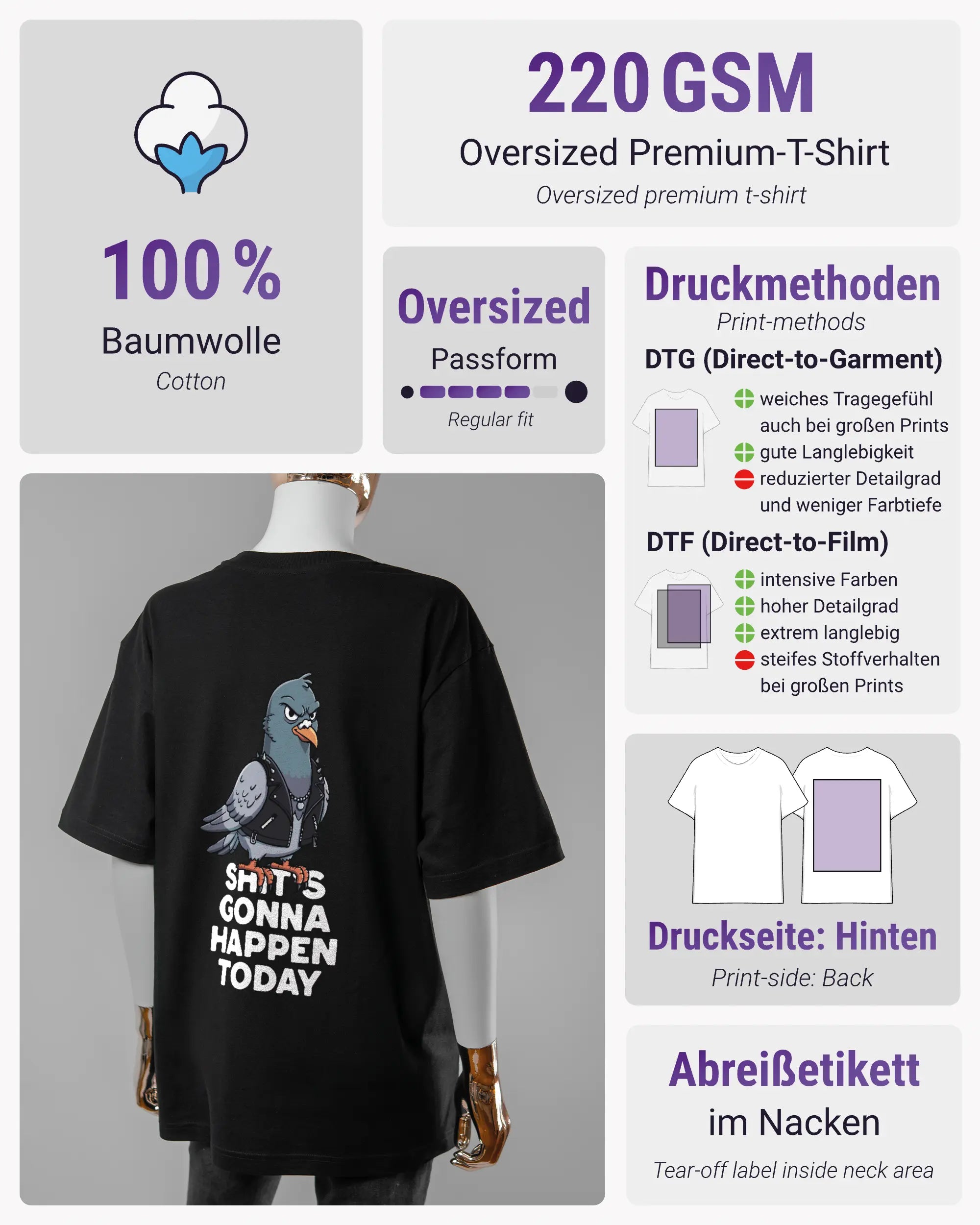 Produktinformationsblatt des Basic Unisex T-Shirt Oversized von Maondo mit dem Design Pigeon Pun hinten in der Farbe Black und in der Größe S