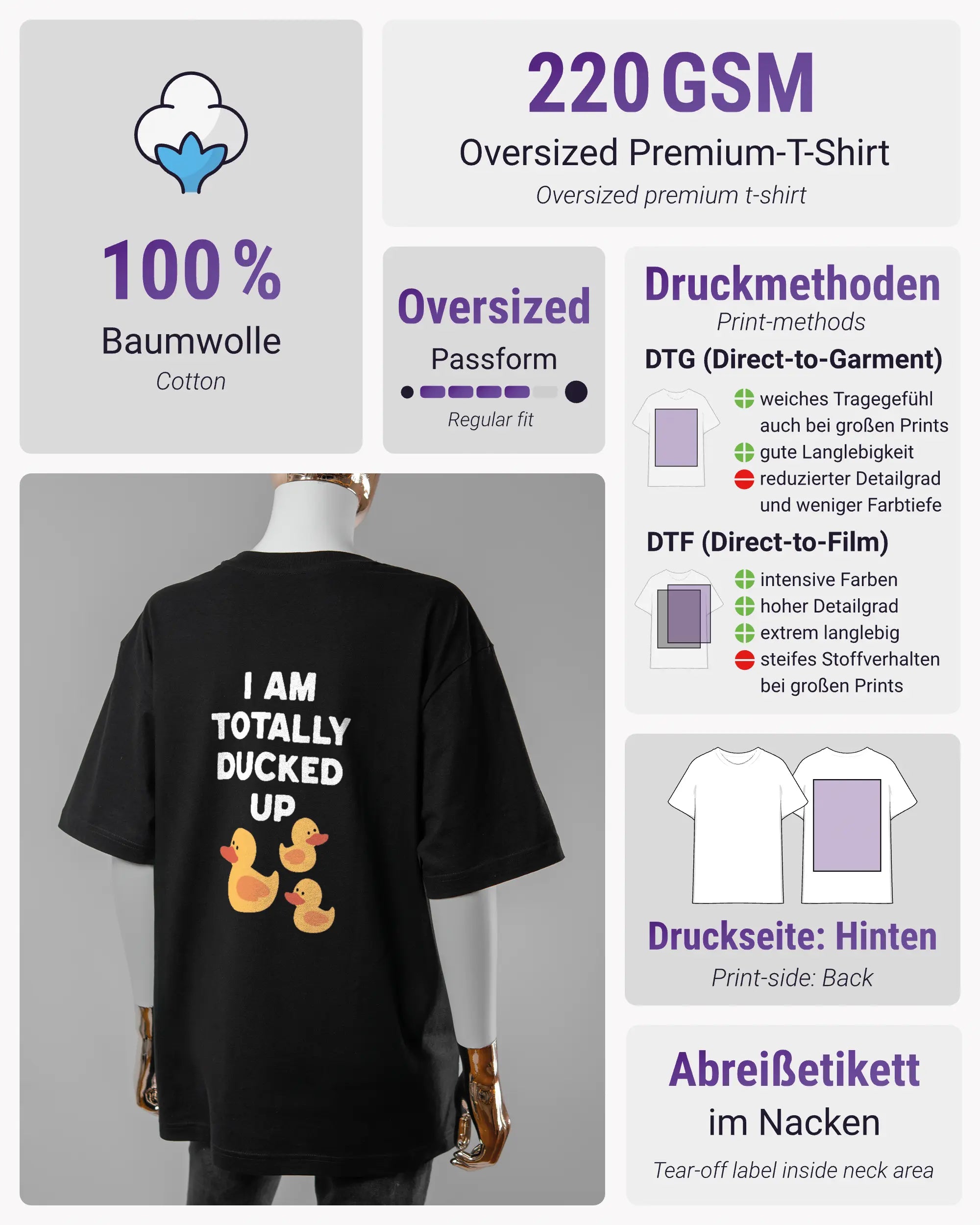 Produktinformationsblatt des Basic Unisex T-Shirt Oversized von Maondo mit dem Design Ducked Up hinten in der Farbe Black und in der Größe S