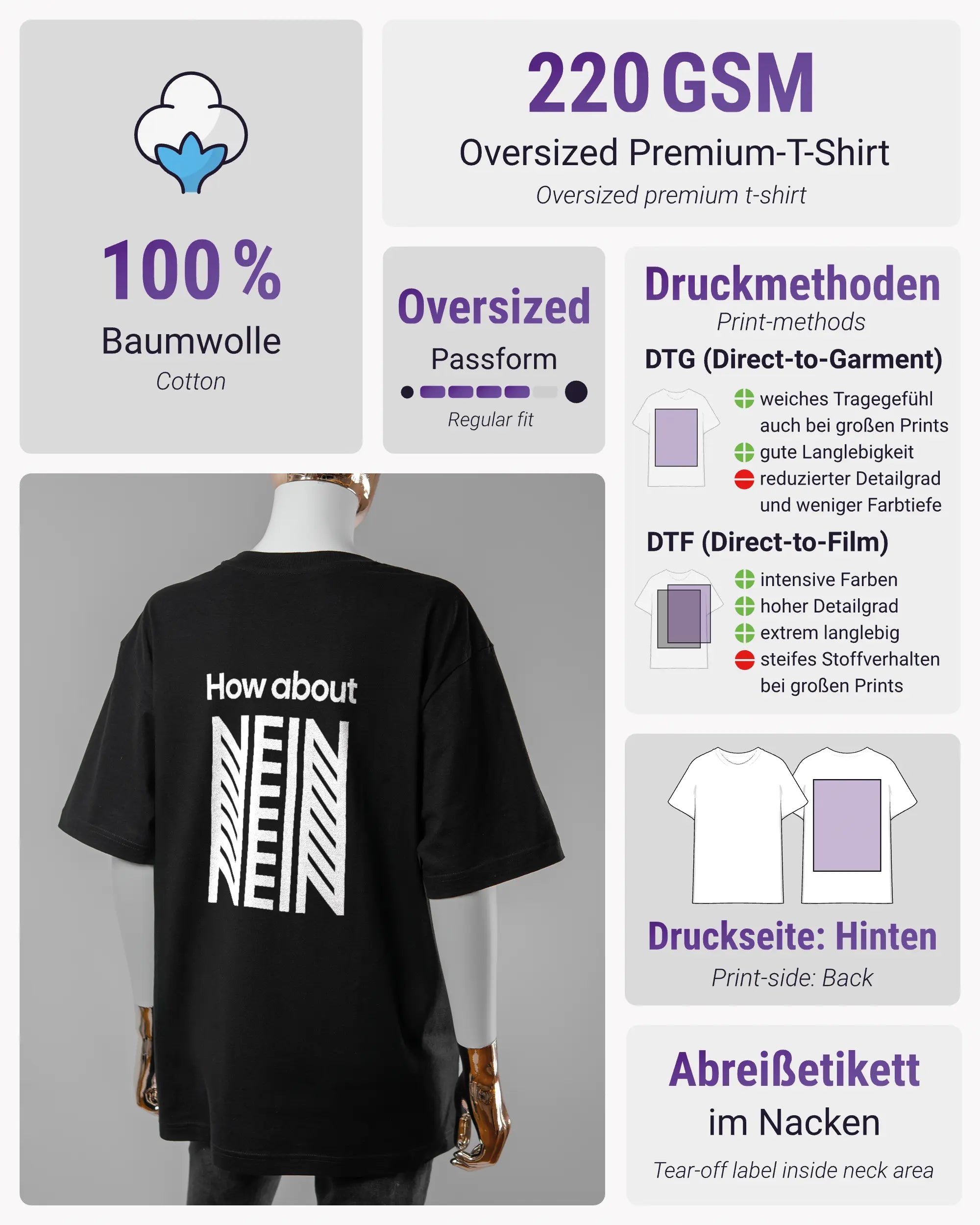 Produktinformationsblatt des Basic Unisex T-Shirt Oversized von Maondo mit dem Design How about nein hinten in der Farbe Black und in der Größe S