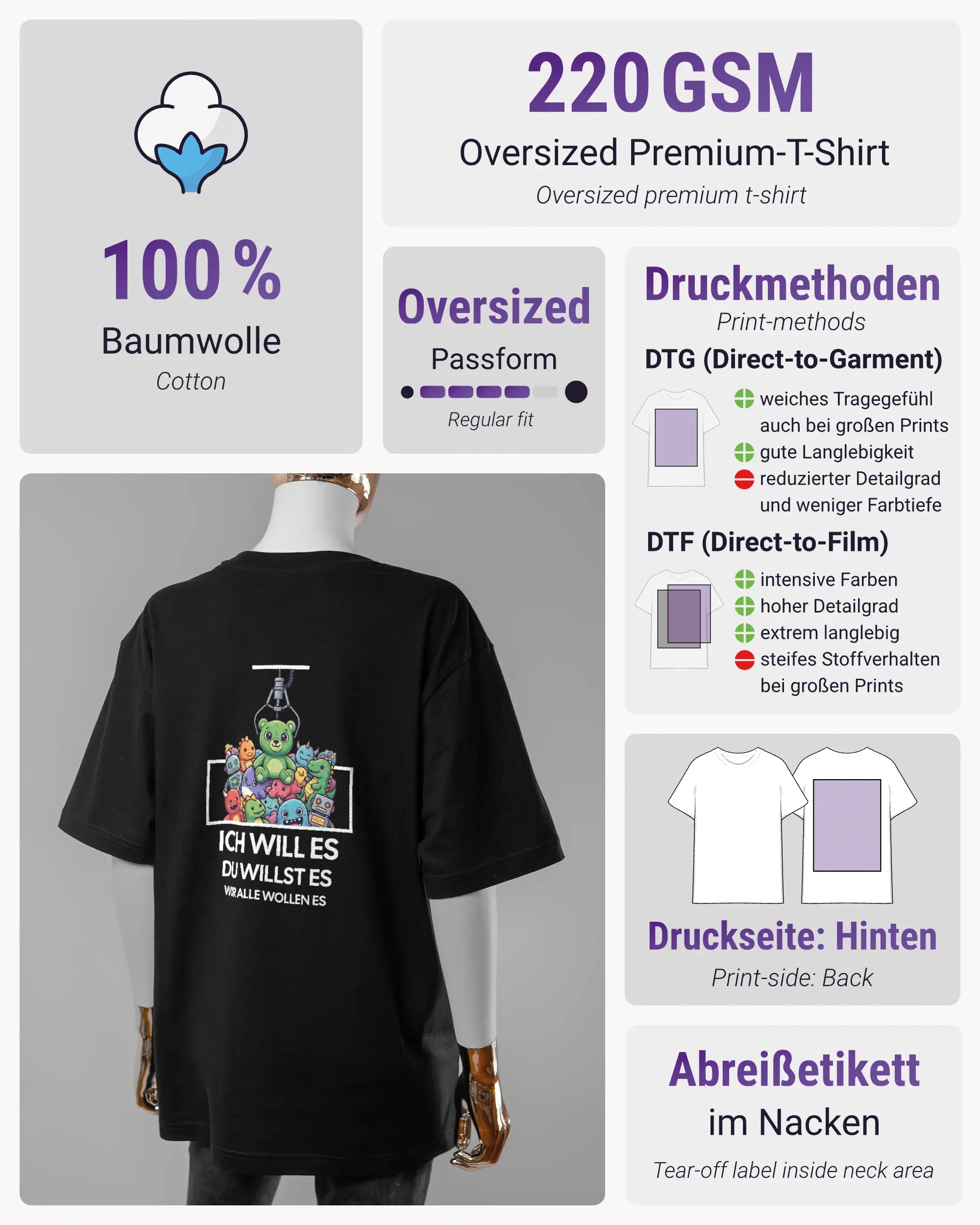 Produktinformationsblatt des Basic Unisex T-Shirt Oversized von Maondo mit dem Design Will Stofftier hinten in der Farbe Black und in der Größe S