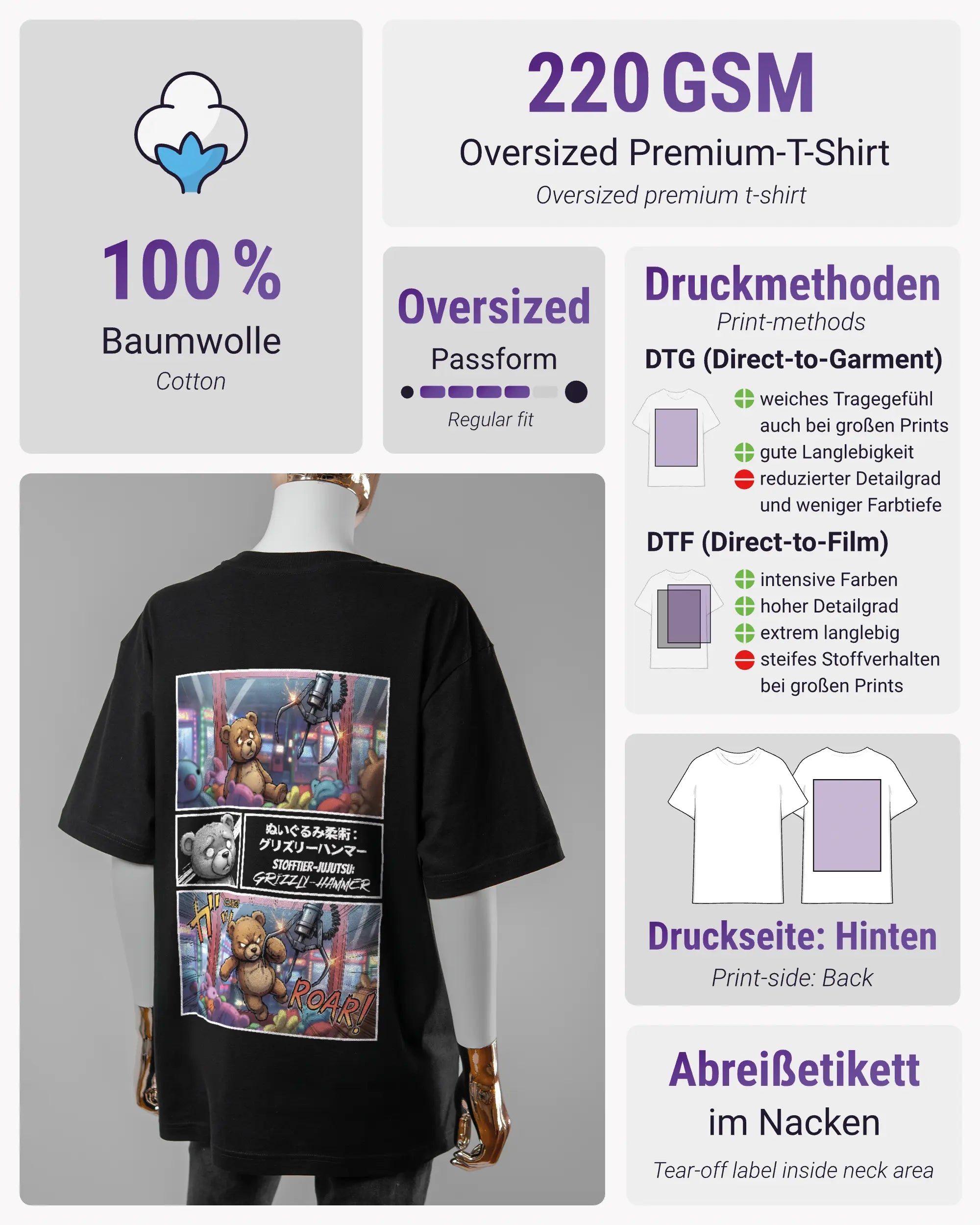 Produktinformationsblatt des Basic Unisex T-Shirt Oversized von Maondo mit dem Design Manga Stoff hinten in der Farbe Black und in der Größe S
