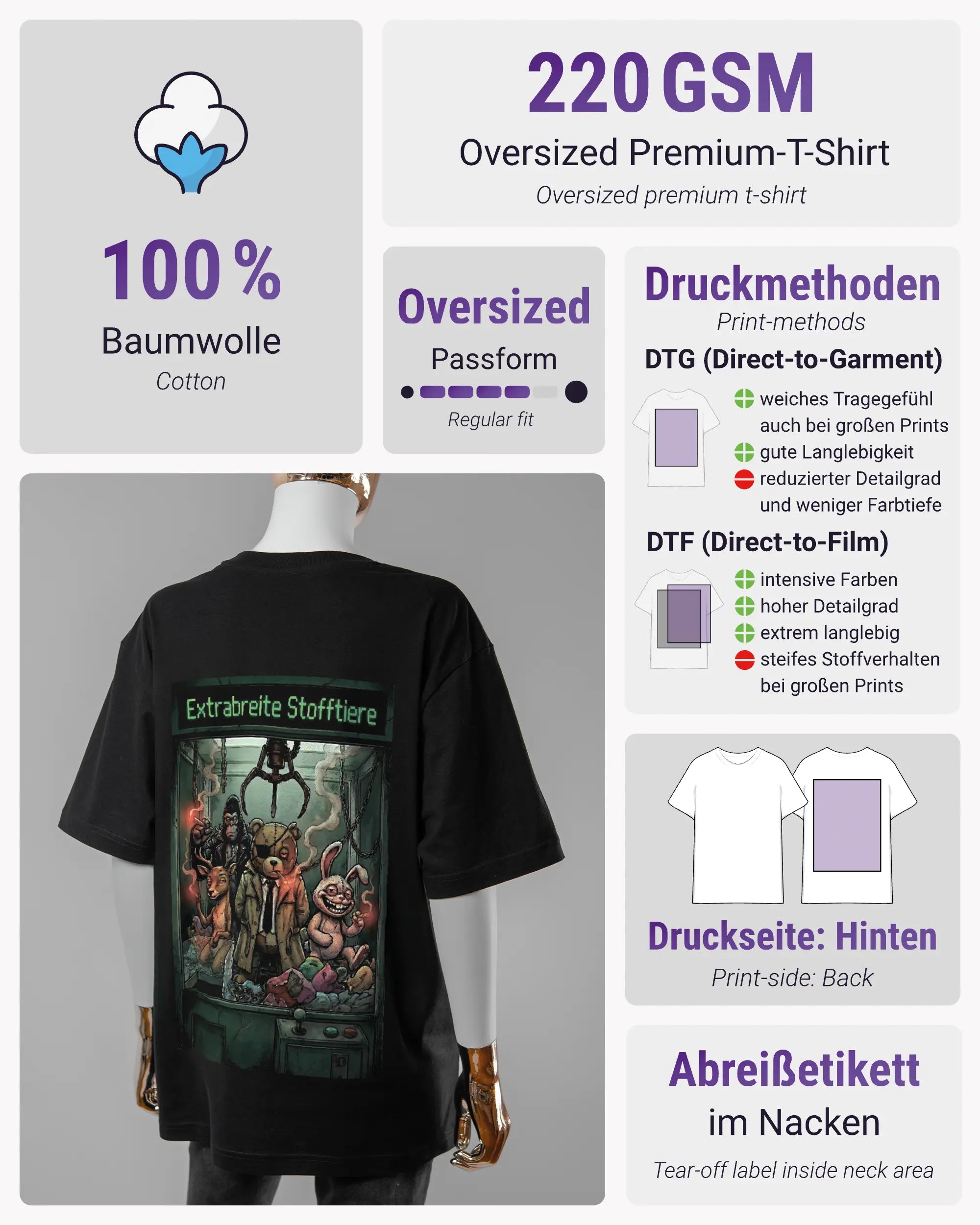 Produktinformationsblatt des Basic Unisex T-Shirt Oversized von Maondo mit dem Design Extrabreit hinten in der Farbe Black und in der Größe S