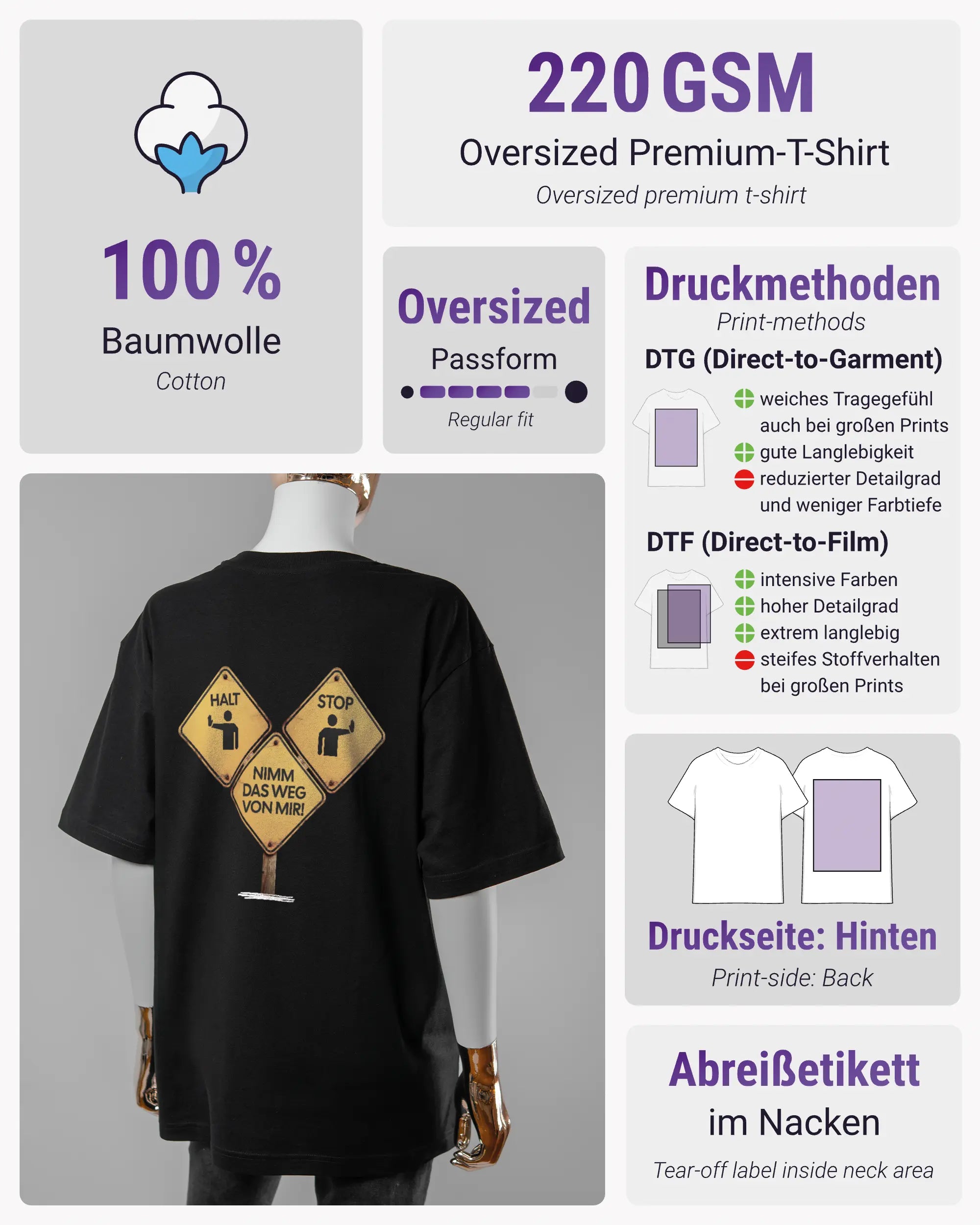 Produktinformationsblatt des Basic Unisex T-Shirt Oversized von Maondo mit dem Design Schutzschild hinten in der Farbe Black und in der Größe S