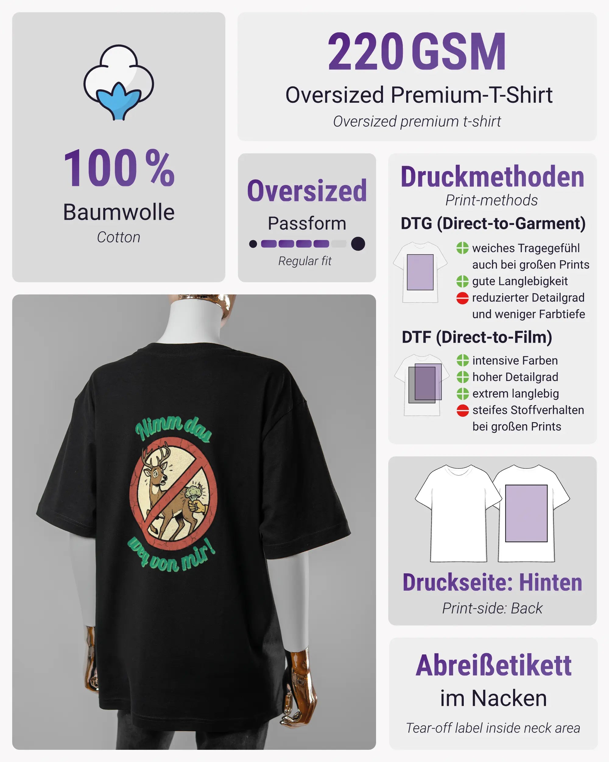 Produktinformationsblatt des Basic Unisex T-Shirt Oversized von Maondo mit dem Design Reh weg hinten in der Farbe Black und in der Größe S