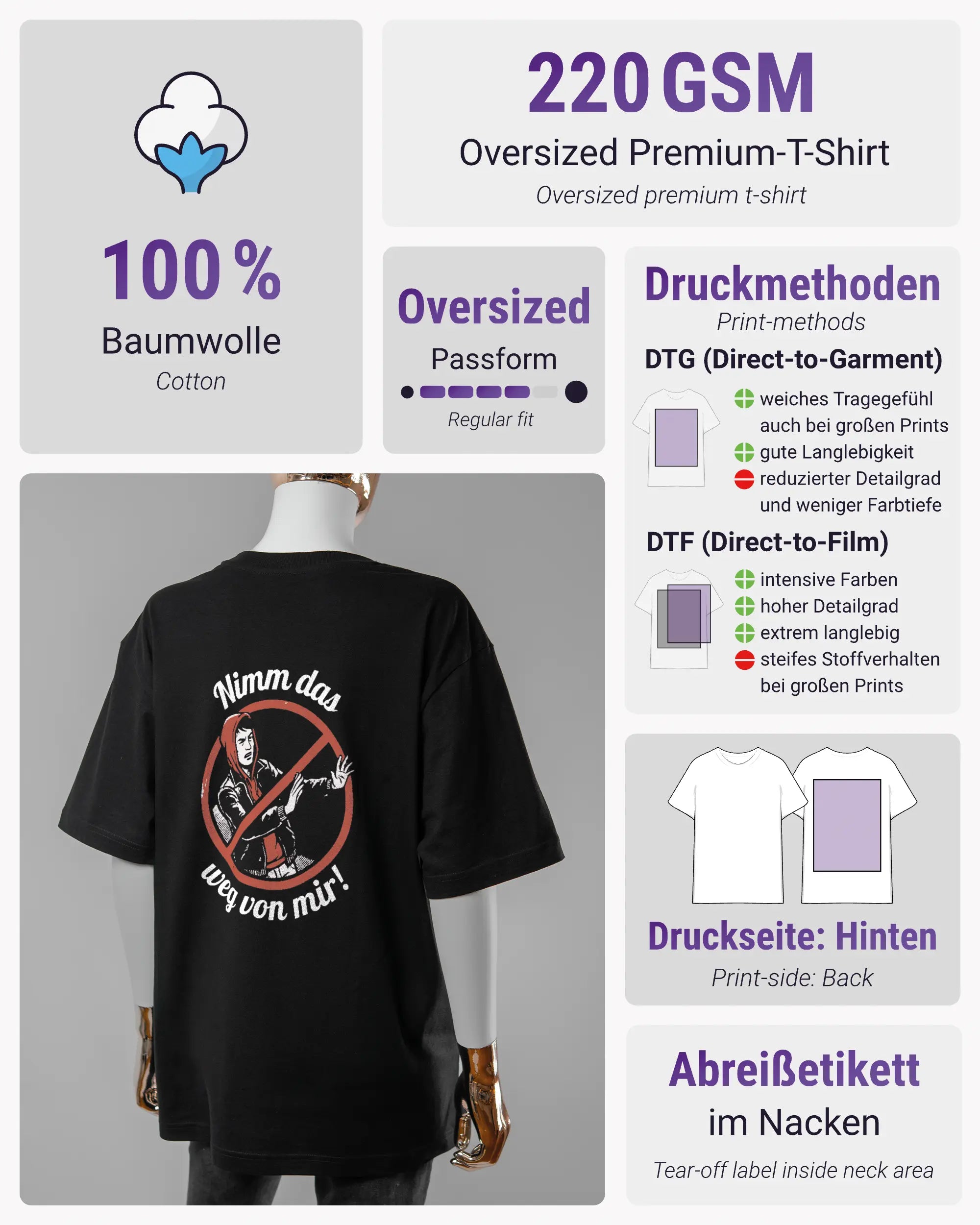 Produktinformationsblatt des Basic Unisex T-Shirt Oversized von Maondo mit dem Design Nimm das weg hinten in der Farbe Black und in der Größe S