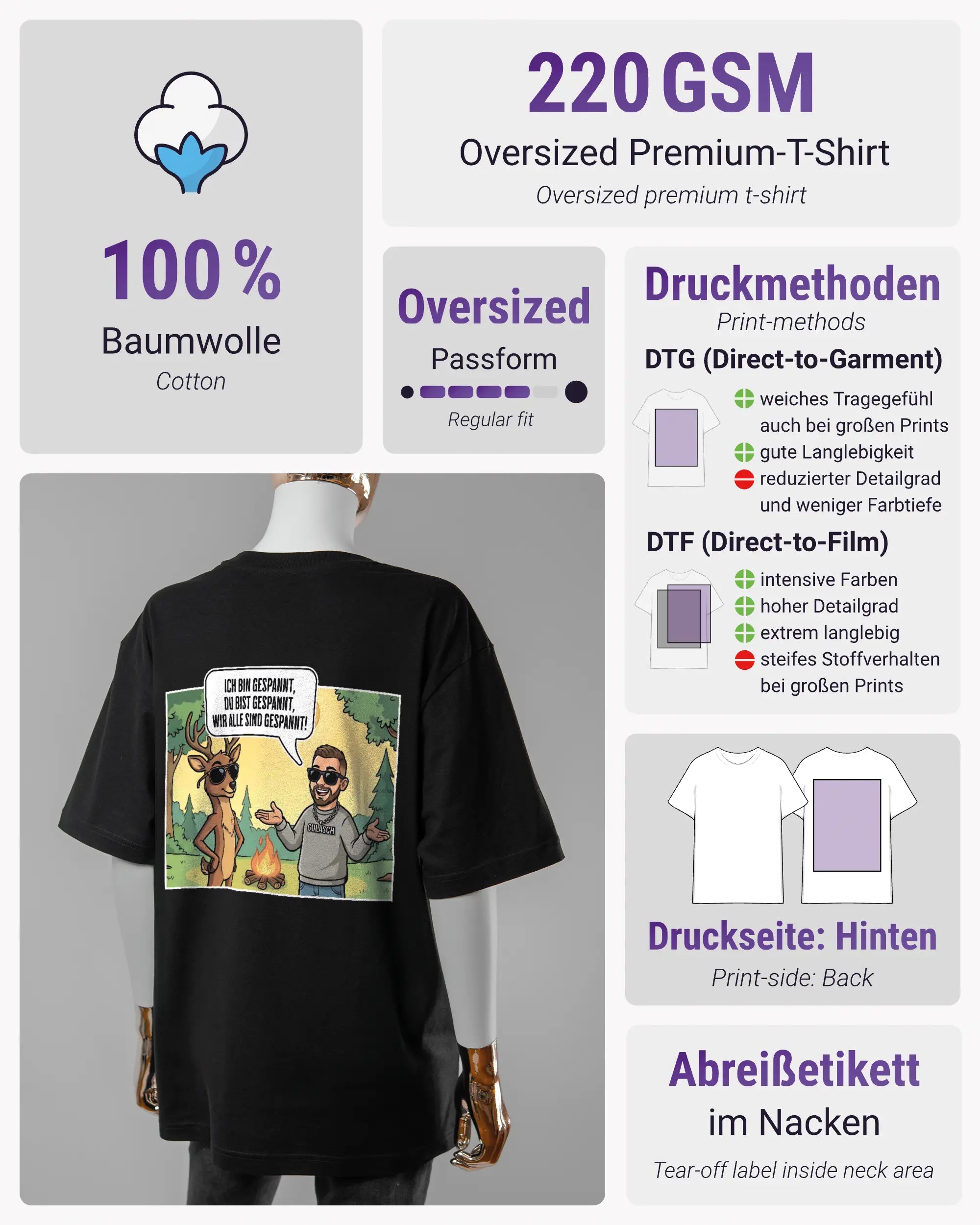 Produktinformationsblatt des Basic Unisex T-Shirt Oversized von Maondo mit dem Design Vollspannung hinten in der Farbe Black und in der Größe S