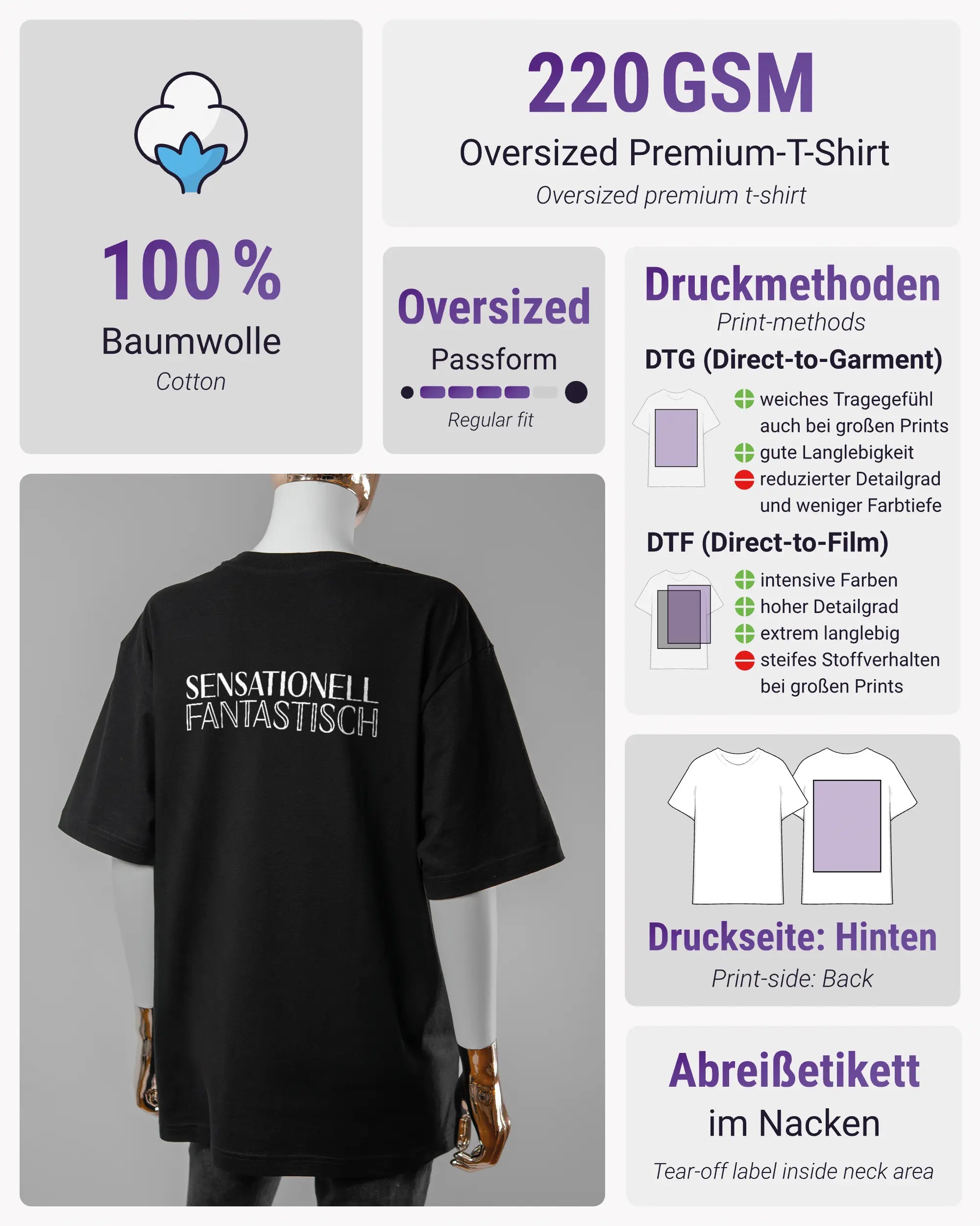 Produktinformationsblatt des Basic Unisex T-Shirt Oversized von Maondo mit dem Design Sensationell hinten in der Farbe Black und in der Größe S