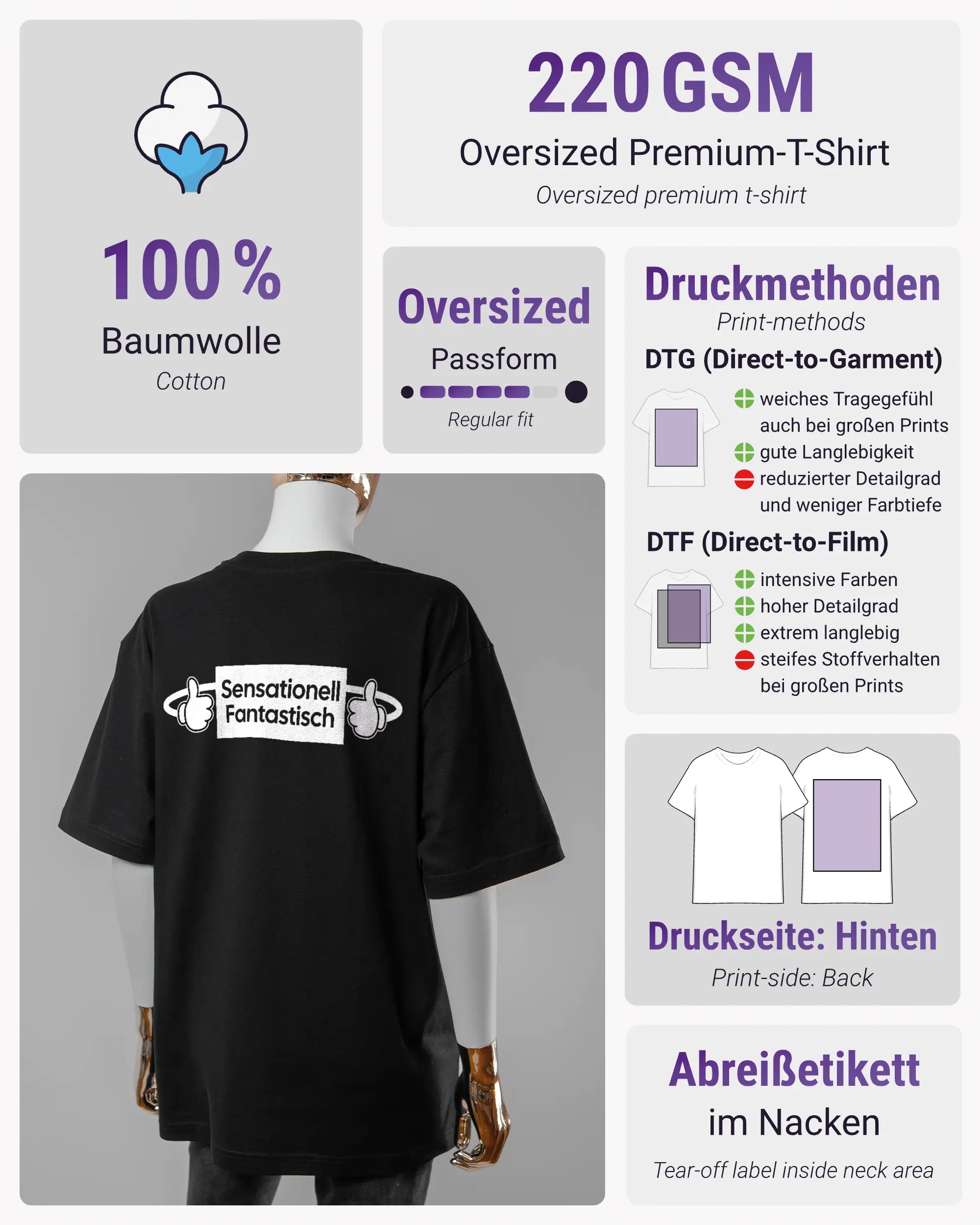 Produktinformationsblatt des Basic Unisex T-Shirt Oversized von Maondo mit dem Design Fantastisch hinten in der Farbe Black und in der Größe S
