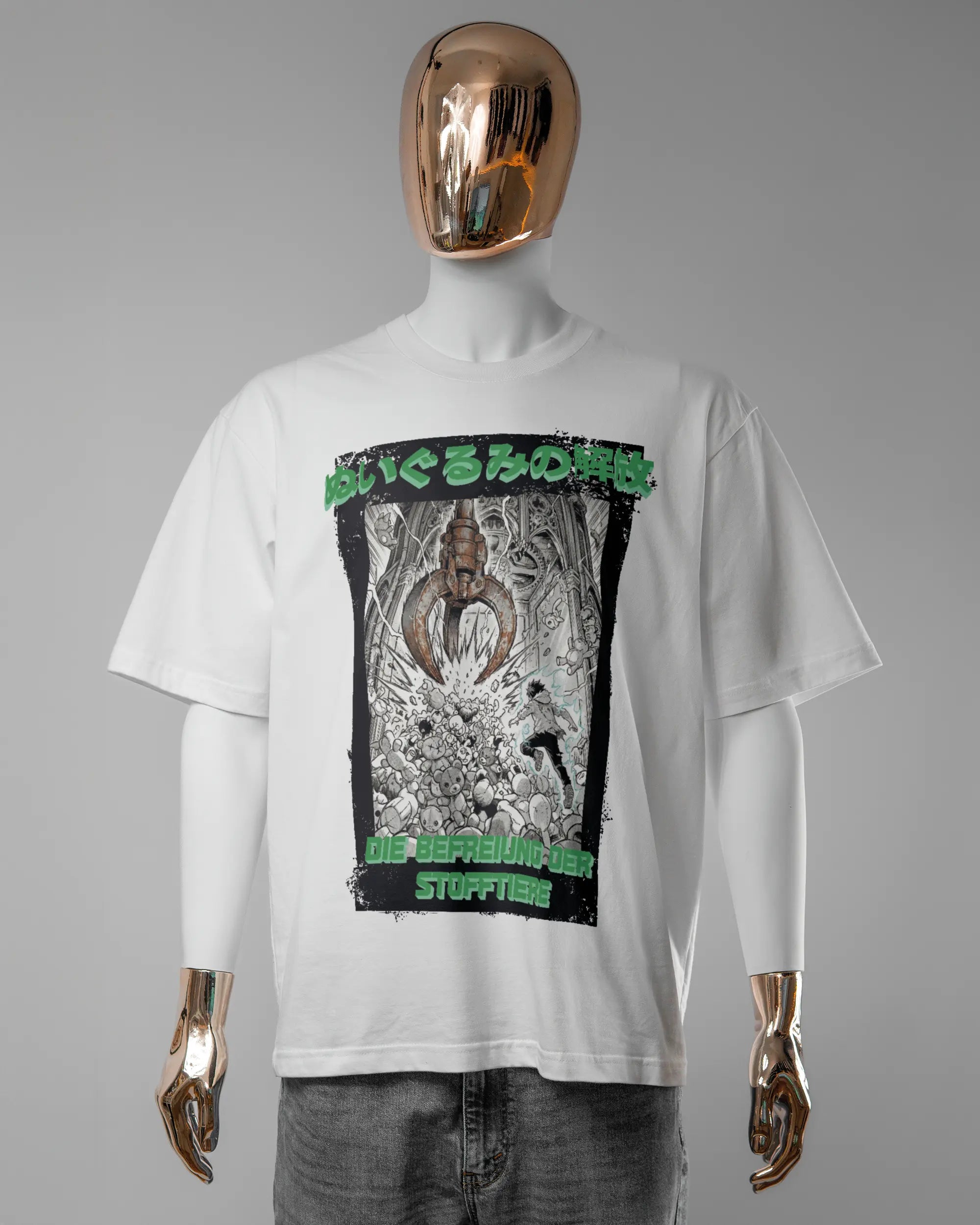 Vorderseite des Basic Unisex T-Shirt Oversized von Maondo mit dem Design Save 1 Stofftier in der Farbe White und in der Größe L getragen von einer maskulinen Puppe