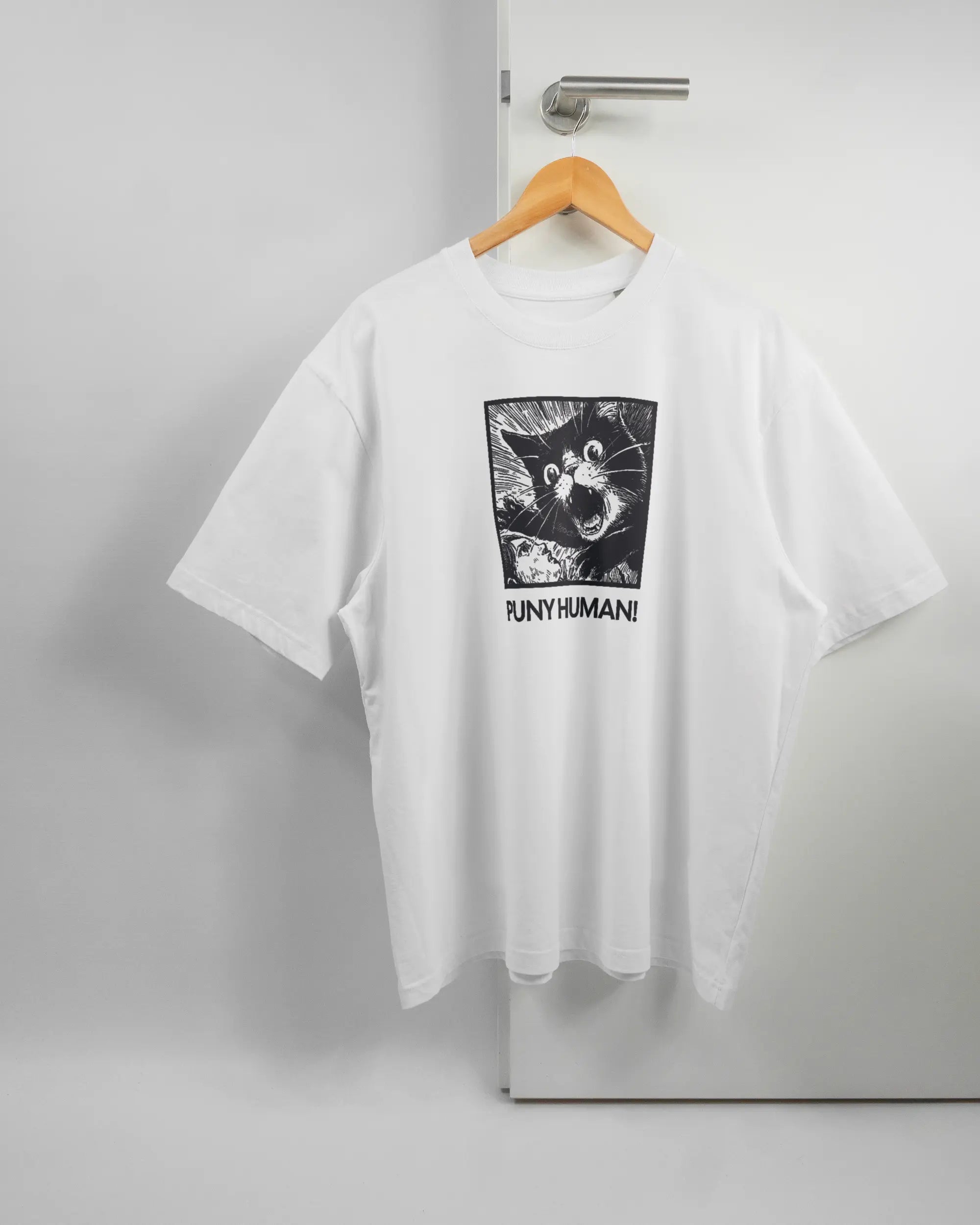 Vorderseite des Basic Unisex T-Shirt Oversized von Maondo mit dem Design Puny Human in der Farbe White und in der Größe L auf einem Bügel an der Türklinke aufgehängt