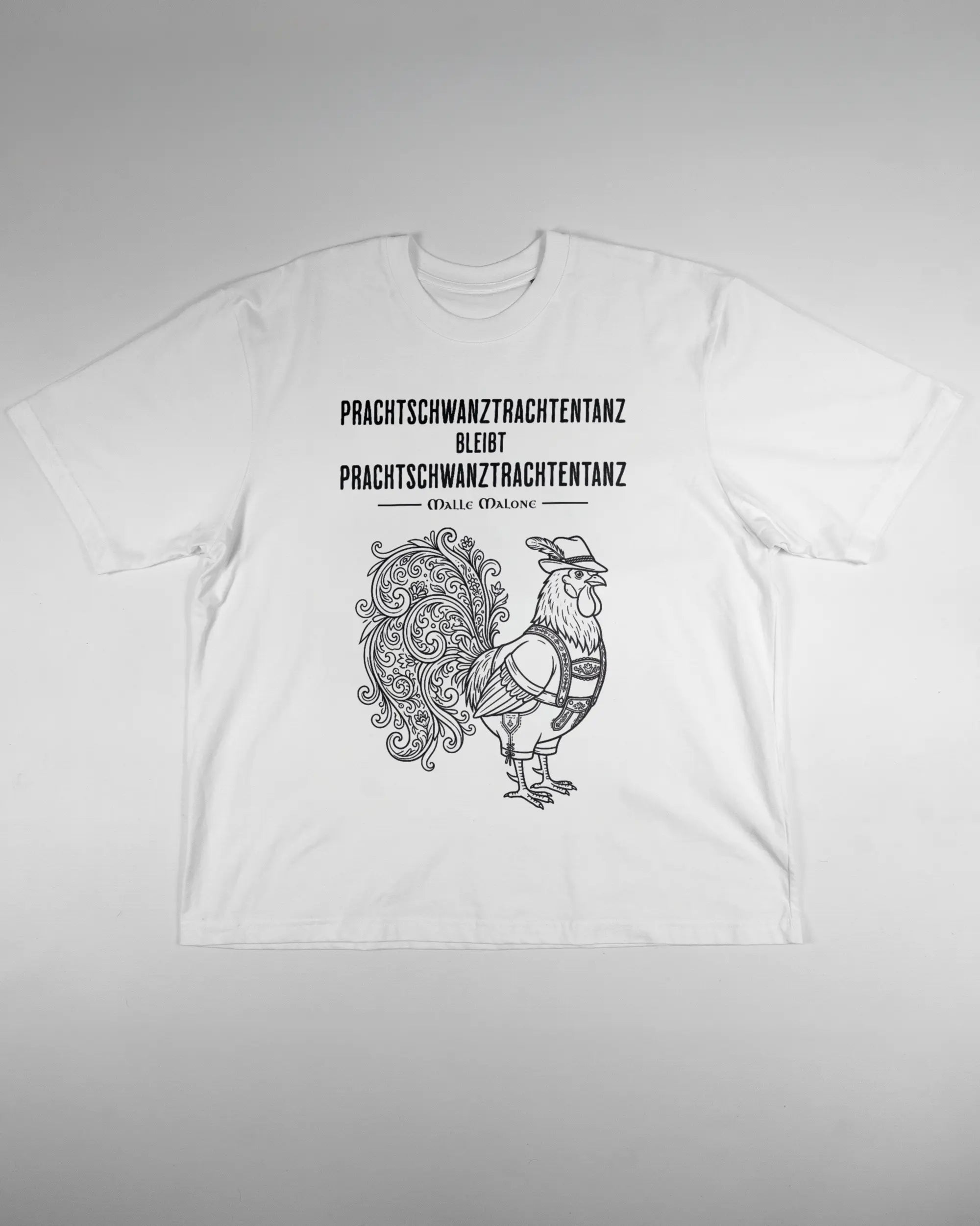 Vorderseite des Basic Unisex T-Shirt Oversized von Maondo mit dem Design Trachtentanz in der Farbe White und in der Größe L flach auf den Boden gelegt