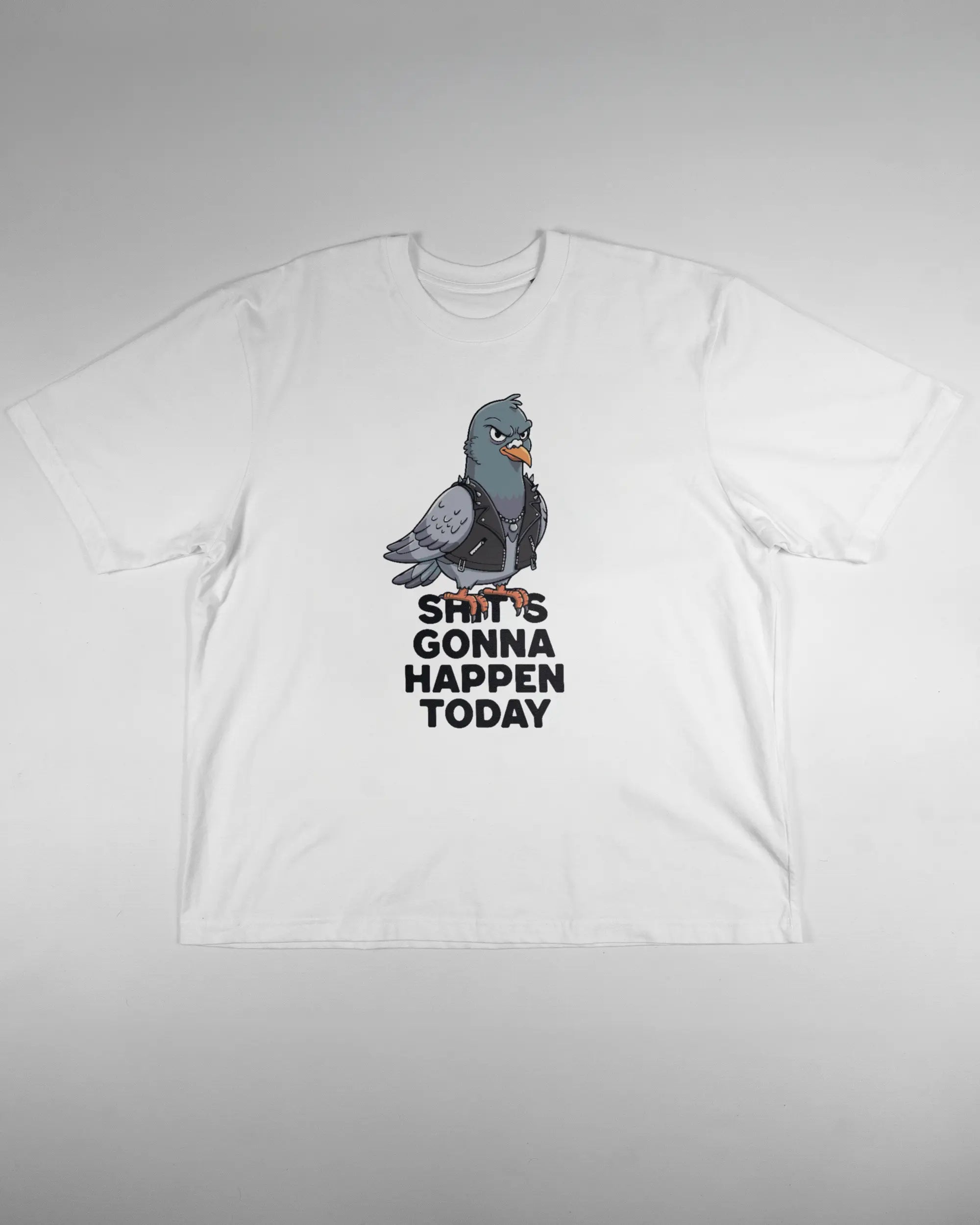 Vorderseite des Basic Unisex T-Shirt Oversized von Maondo mit dem Design Pigeon Pun in der Farbe White und in der Größe L flach auf den Boden gelegt