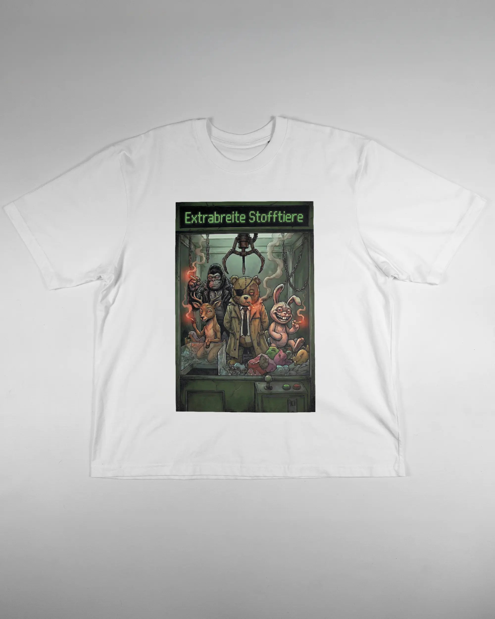 Vorderseite des Basic Unisex T-Shirt Oversized von Maondo mit dem Design Extrabreit in der Farbe White und in der Größe L flach auf den Boden gelegt