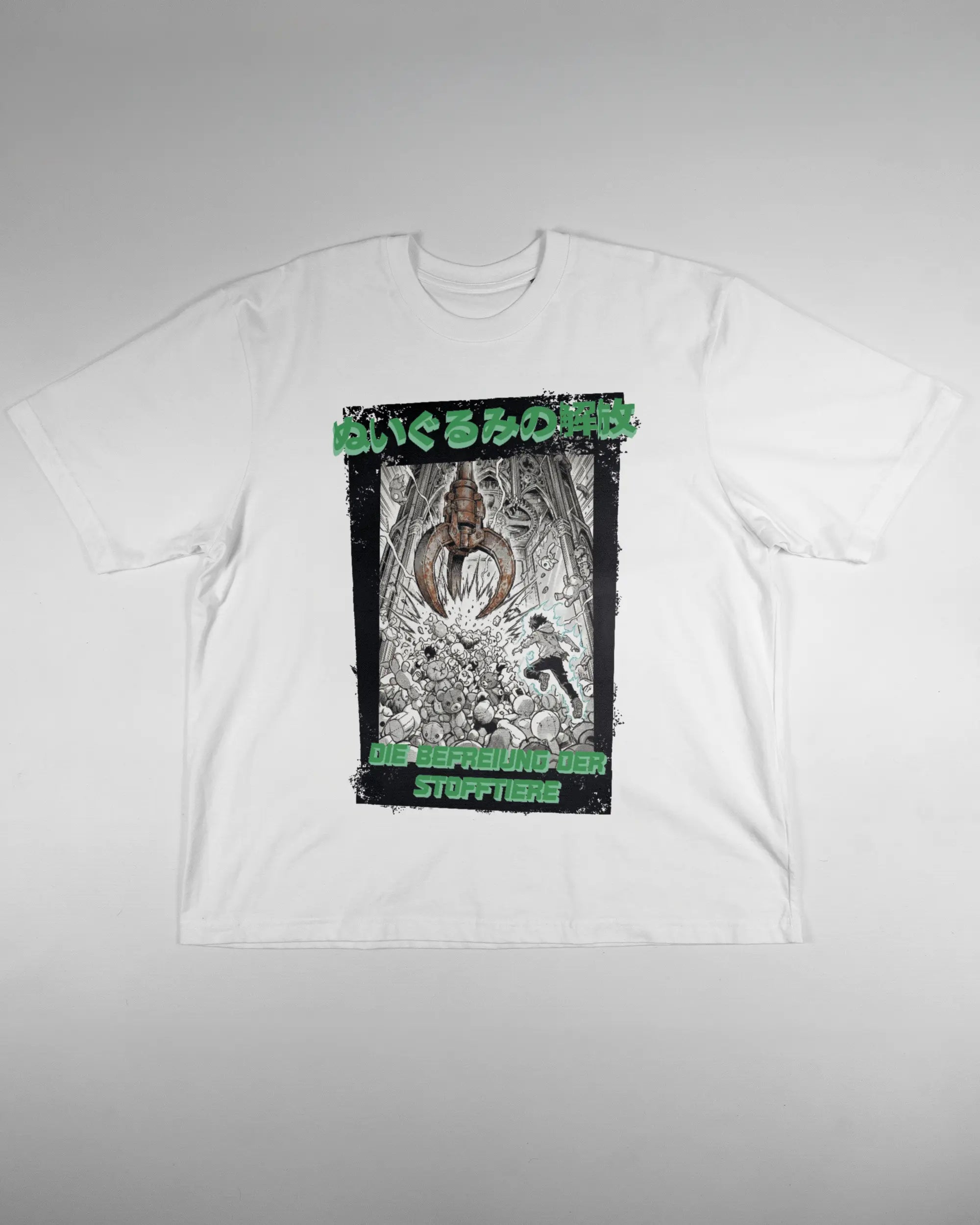 Vorderseite des Basic Unisex T-Shirt Oversized von Maondo mit dem Design Save 1 Stofftier in der Farbe White und in der Größe L flach auf den Boden gelegt