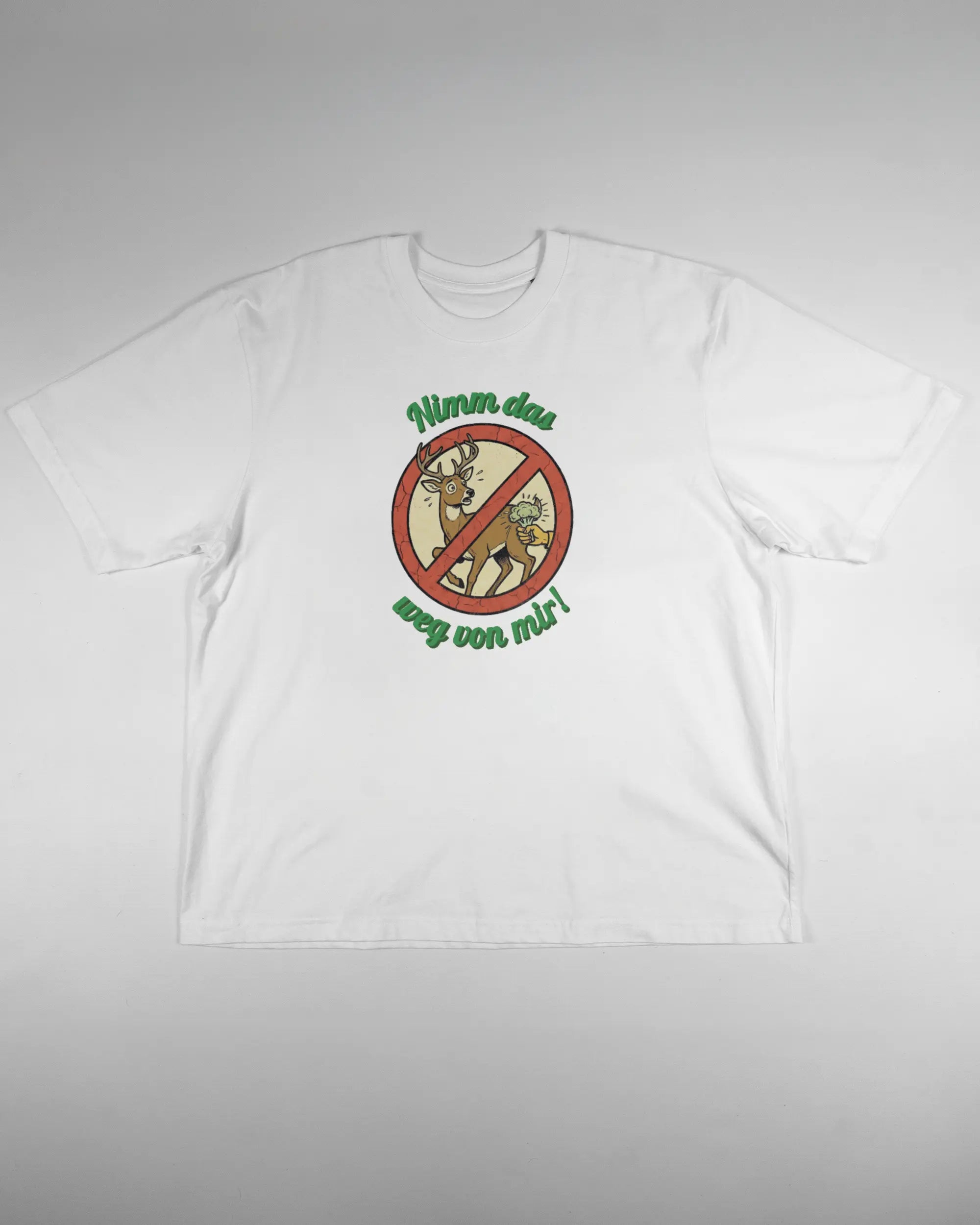 Vorderseite des Basic Unisex T-Shirt Oversized von Maondo mit dem Design Reh weg in der Farbe White und in der Größe L flach auf den Boden gelegt