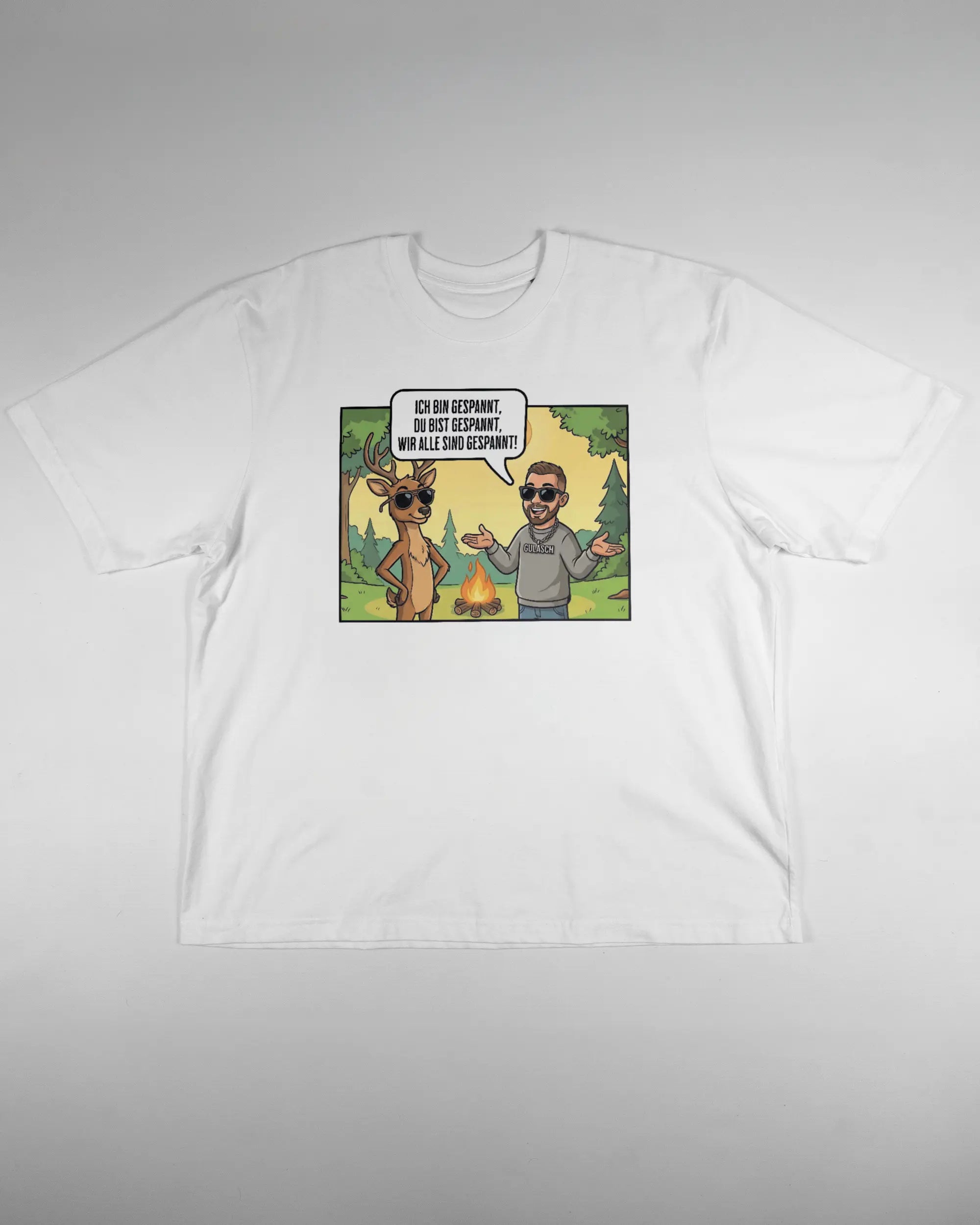 Vorderseite des Basic Unisex T-Shirt Oversized von Maondo mit dem Design Vollspannung in der Farbe White und in der Größe L flach auf den Boden gelegt