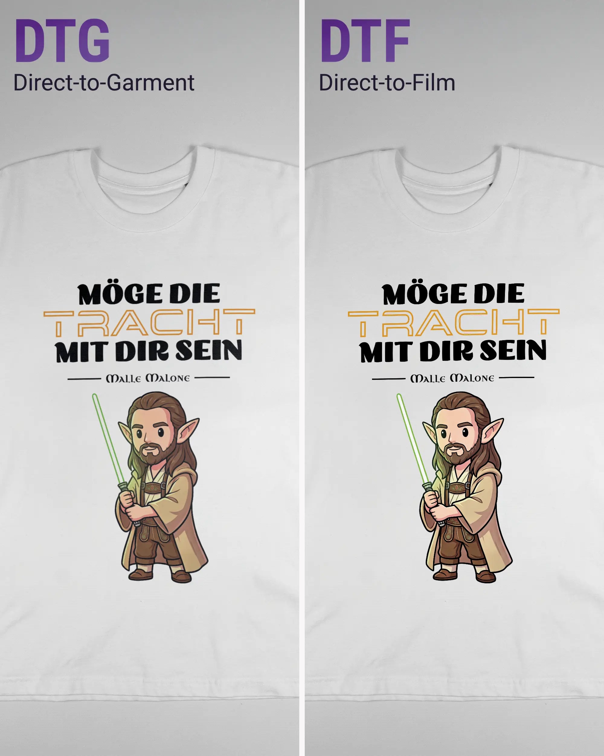 Vergleich der Vorderseiten des Basic Unisex T-Shirt Oversized von Maondo mit dem Design Tracht mit dir in der Farbe White und in der Größe L links mit dem Direct-to-Garment und rechts mit dem Direct-to-Film Verfahren